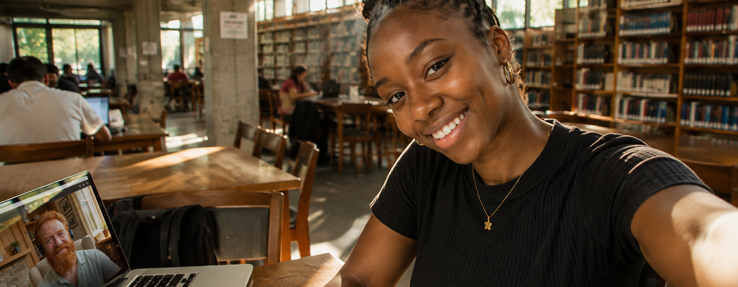 University student practicing English with an online tutor on a video call while studying in a university library