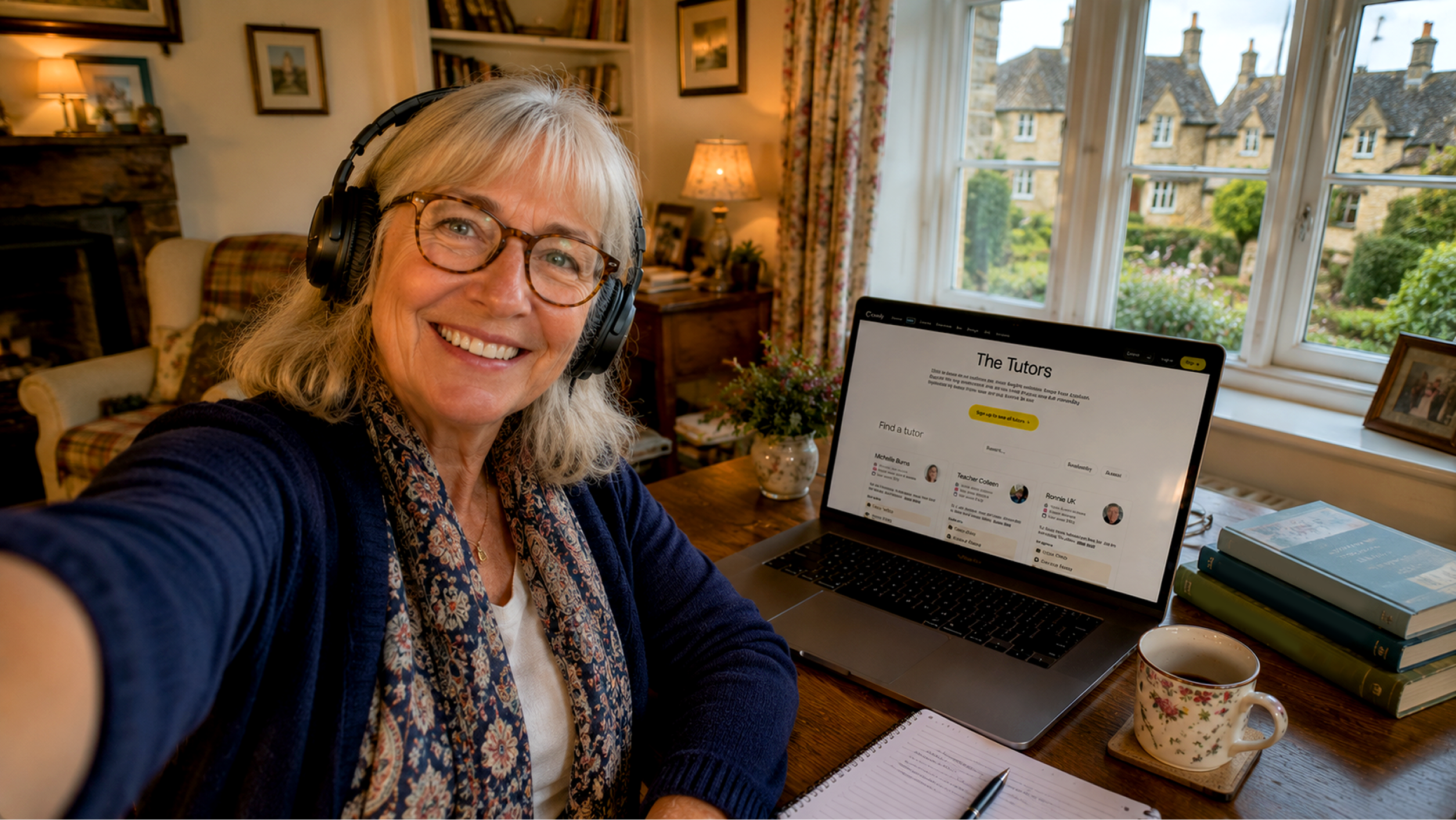Native English teacher wearing headphones smiles at her laptop during an online tutoring session from her home in the UK