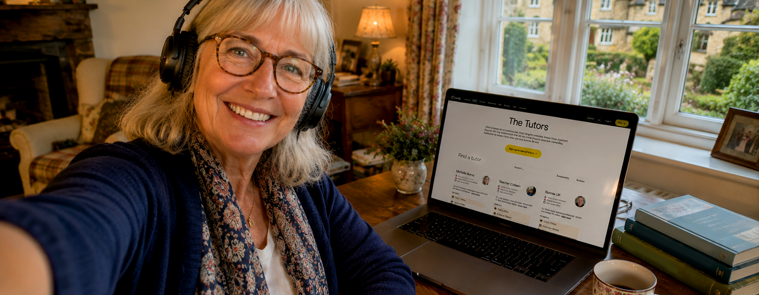 Native English teacher wearing headphones smiles at her laptop during an online tutoring session from her home in the UK