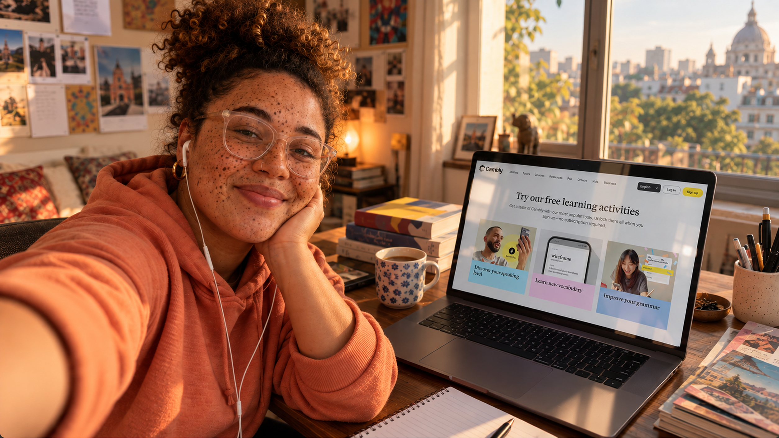 Mulher de fone de ouvido sorrindo em frente ao notebook aberto na página de atividades gratuitas do Cambly, com caderno, caneta e livros sobre a mesa.