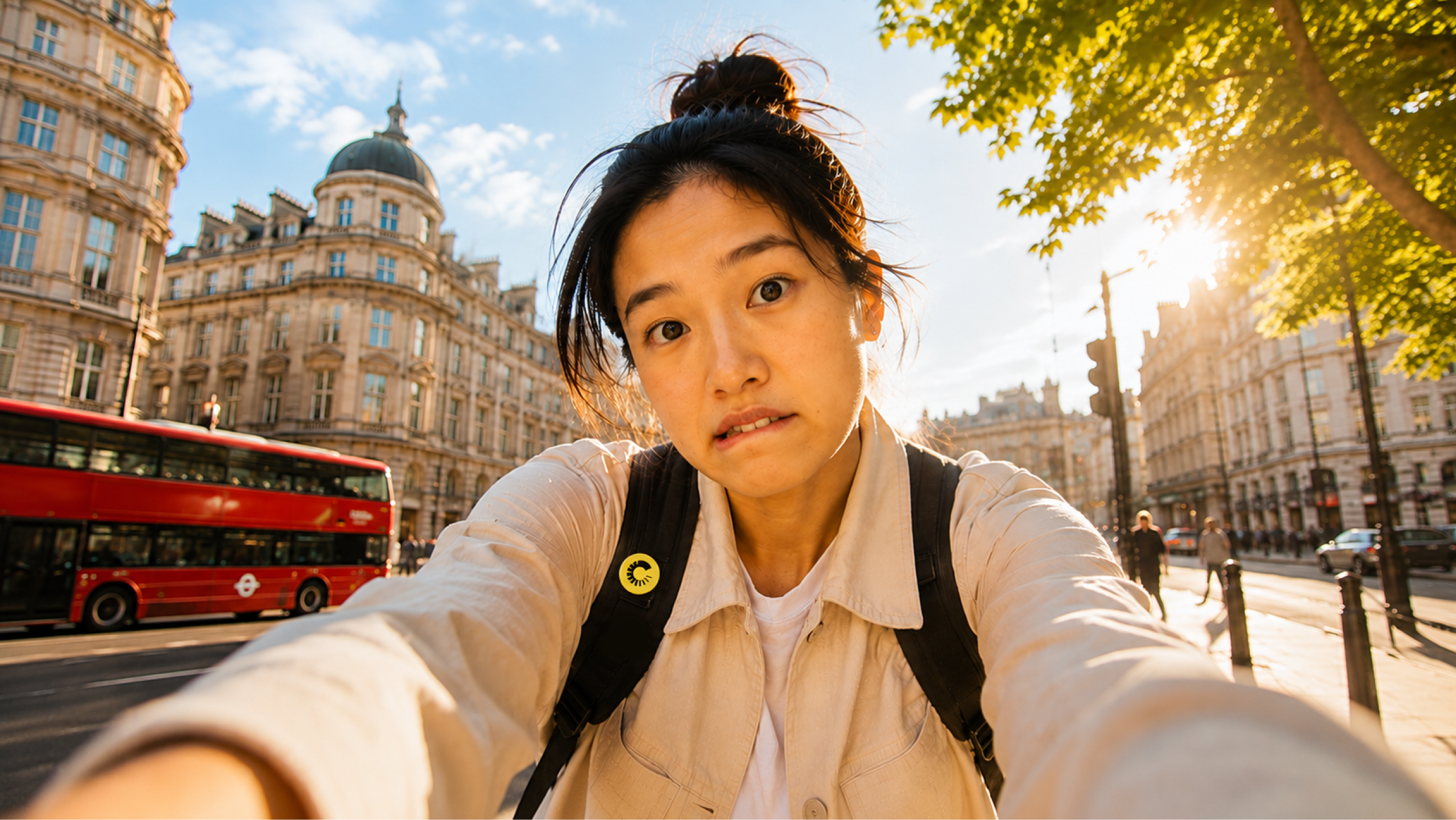 A young woman taking a selfie on a sunny London street, looking uncertain, with a red double-decker bus passing behind her