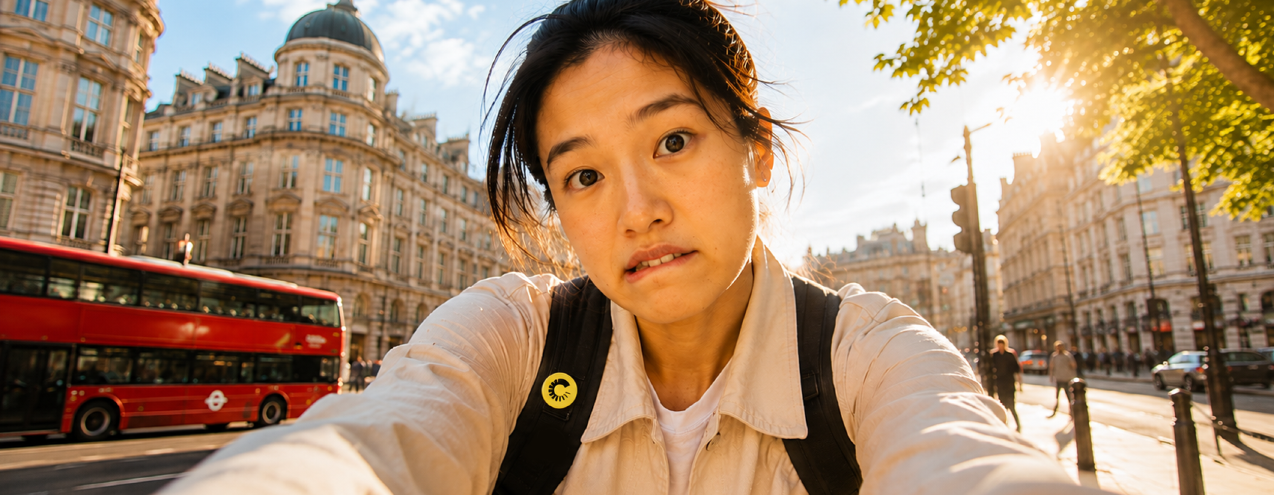 A young woman taking a selfie on a sunny London street, looking uncertain, with a red double-decker bus passing behind her