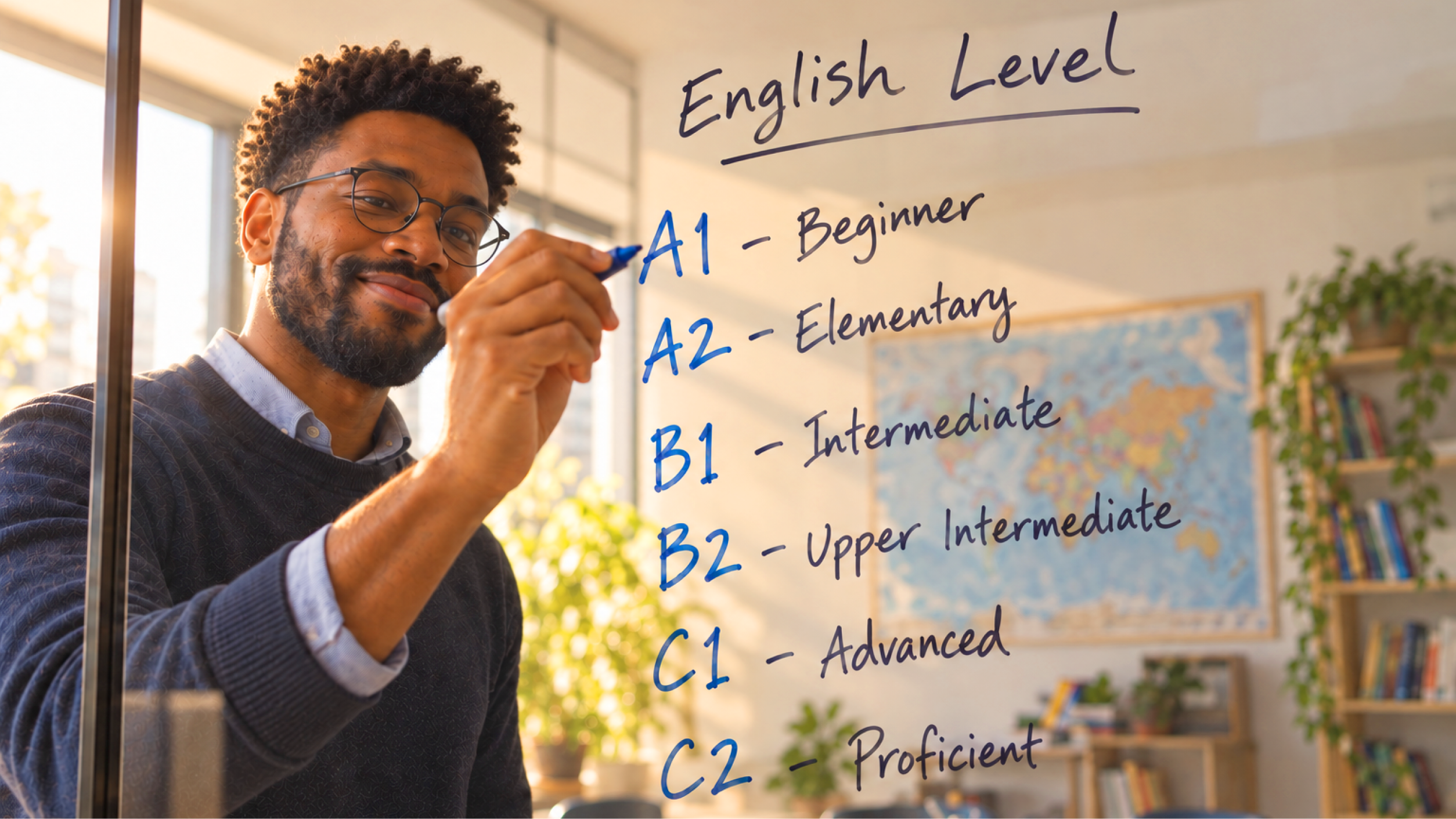 Quadro com os níveis de inglês A1 a C2, do iniciante ao proficiente.