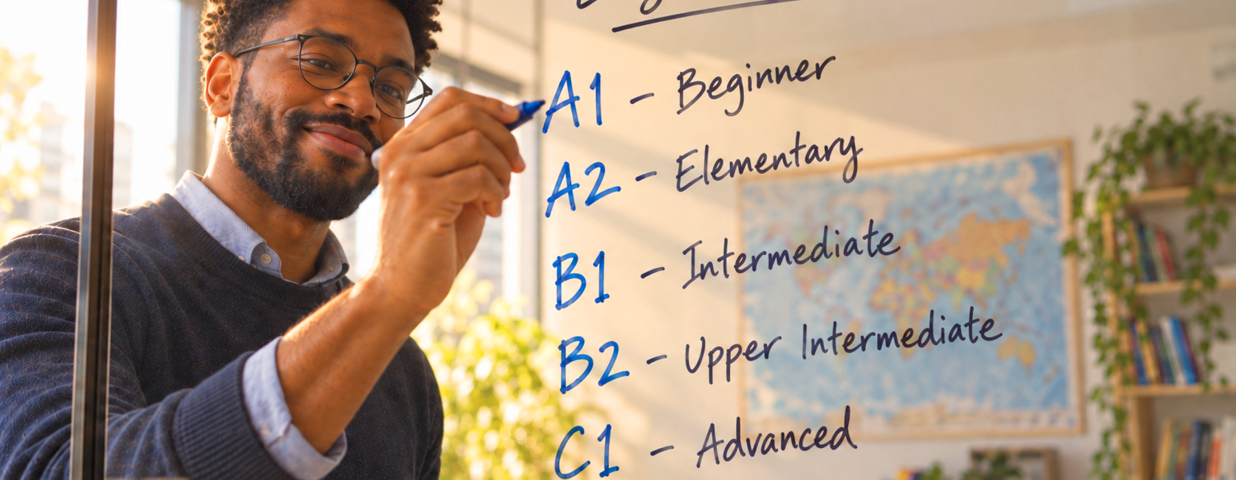 Quadro com os níveis de inglês A1 a C2, do iniciante ao proficiente.