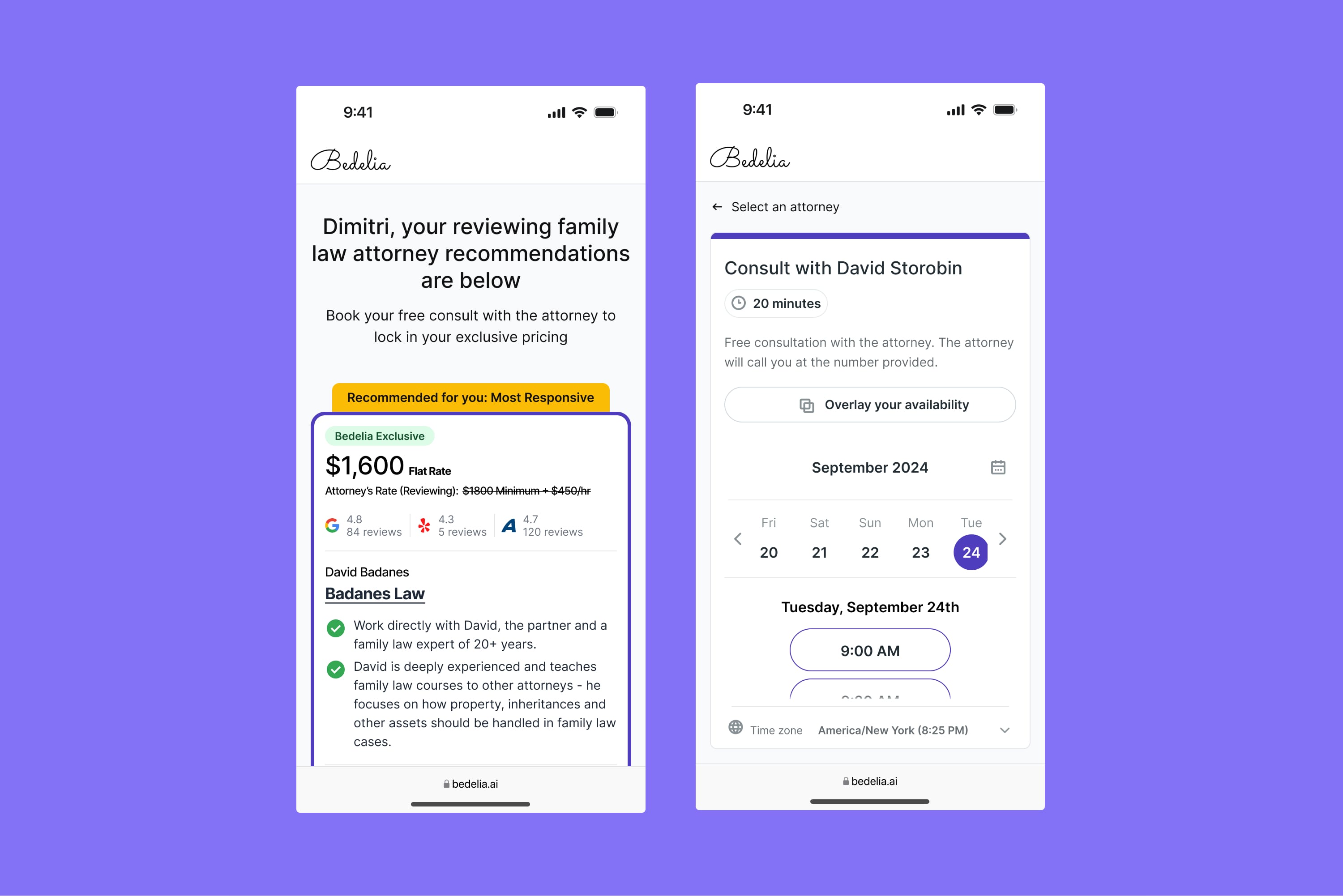 The redesign on phones: the recommendations with the best-match card, and the consult booking screen with a date picker and time slots.