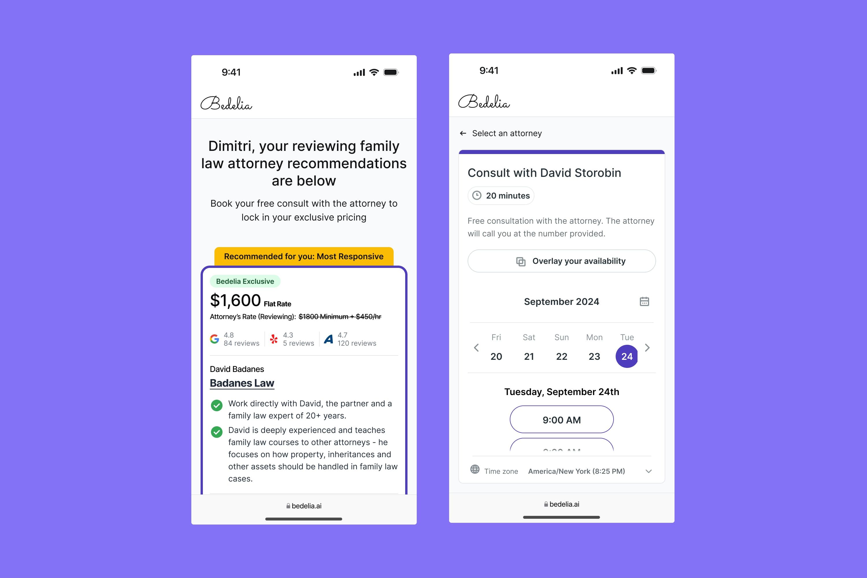 The redesign on phones: the recommendations with the best-match card, and the consult booking screen with a date picker and time slots.