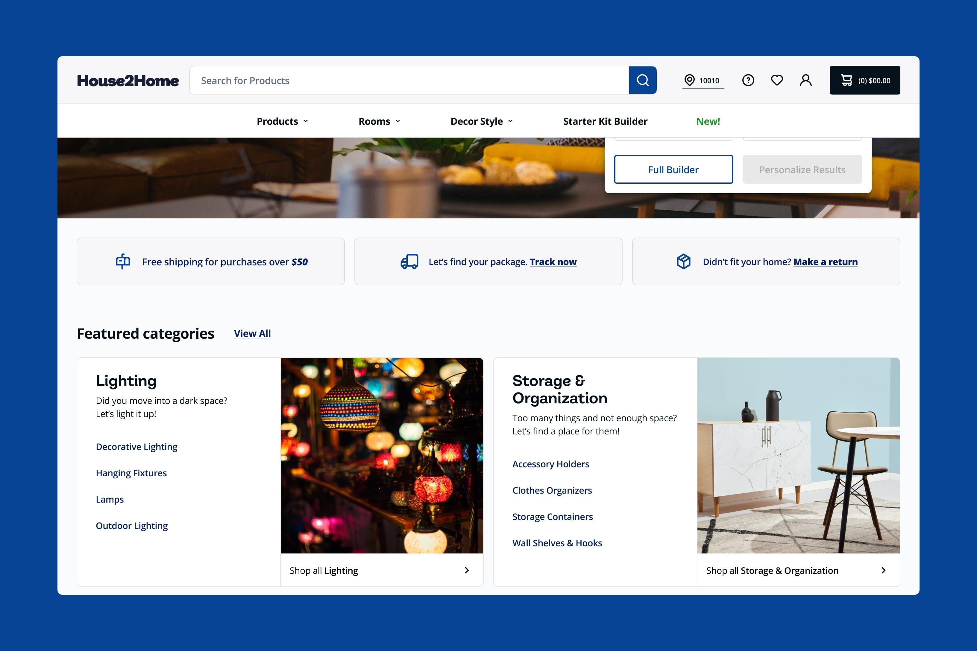 House2Home's home page below the hero: shipping, tracking and returns links, then featured categories for lighting and for storage and organization.