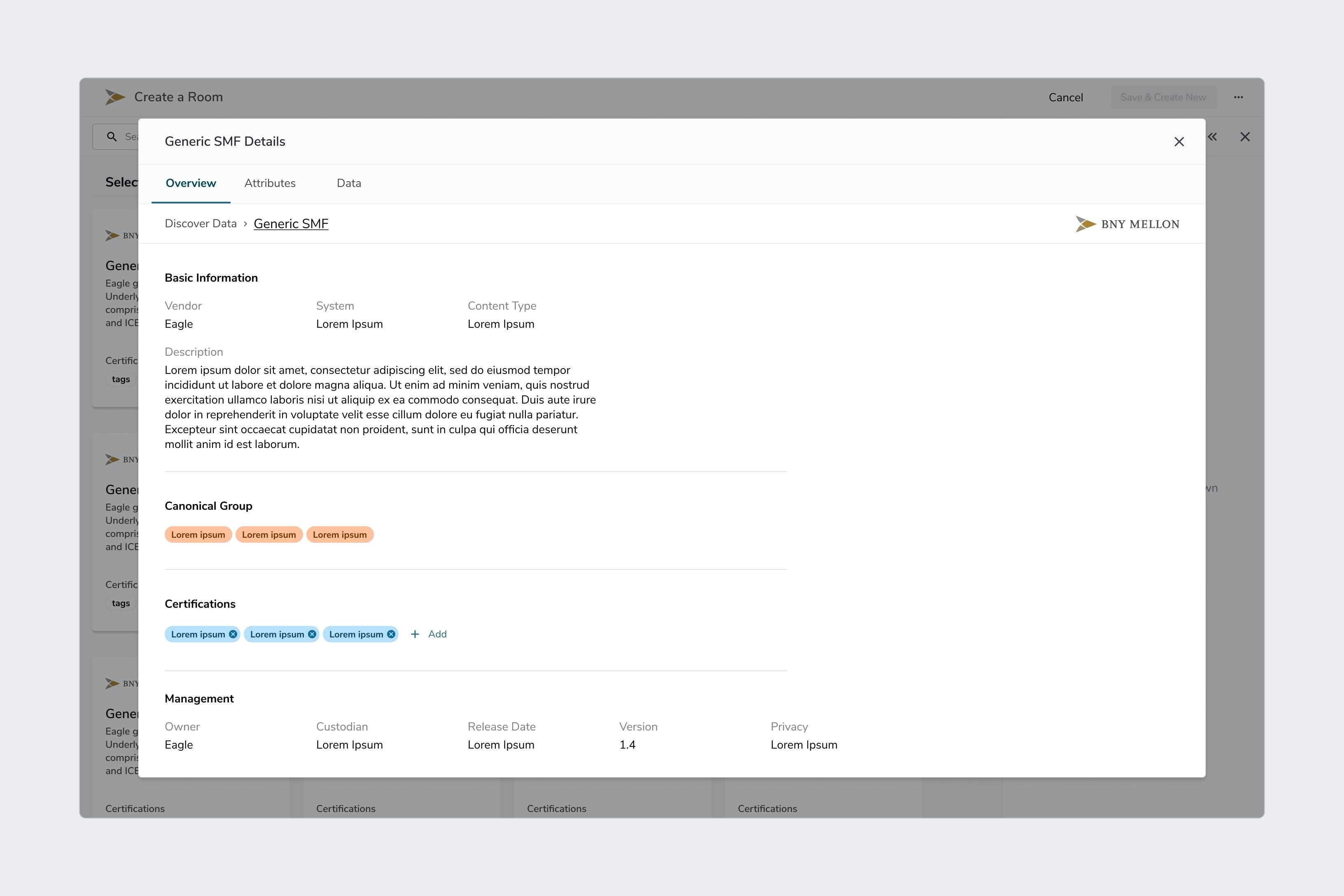 A dataset details dialog: basic information, group and certification tags, and management details, open over a catalogue of datasets.