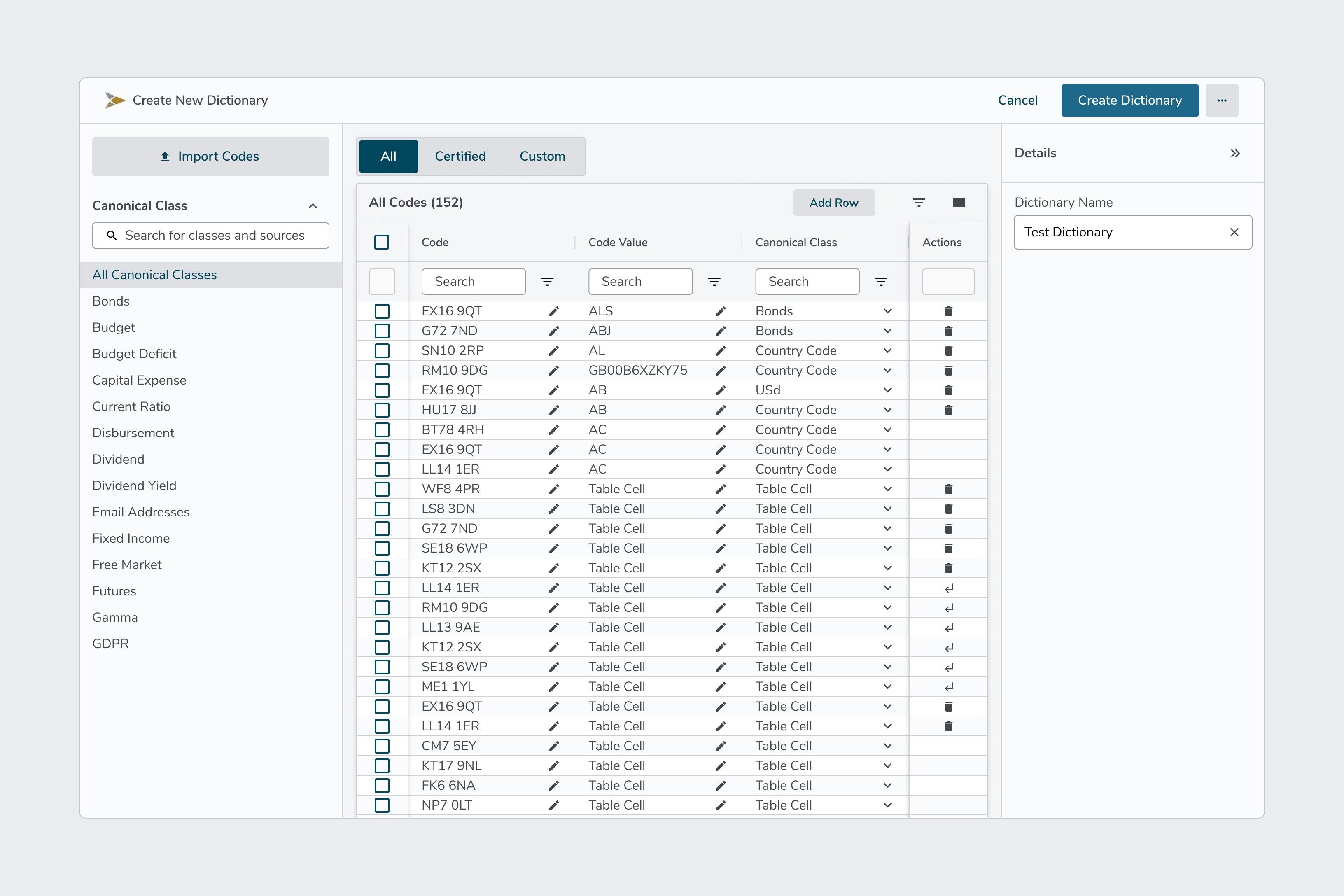Creating a code dictionary: an editable table of codes, values and classes, with class filters on the left and the dictionary's name on the right.