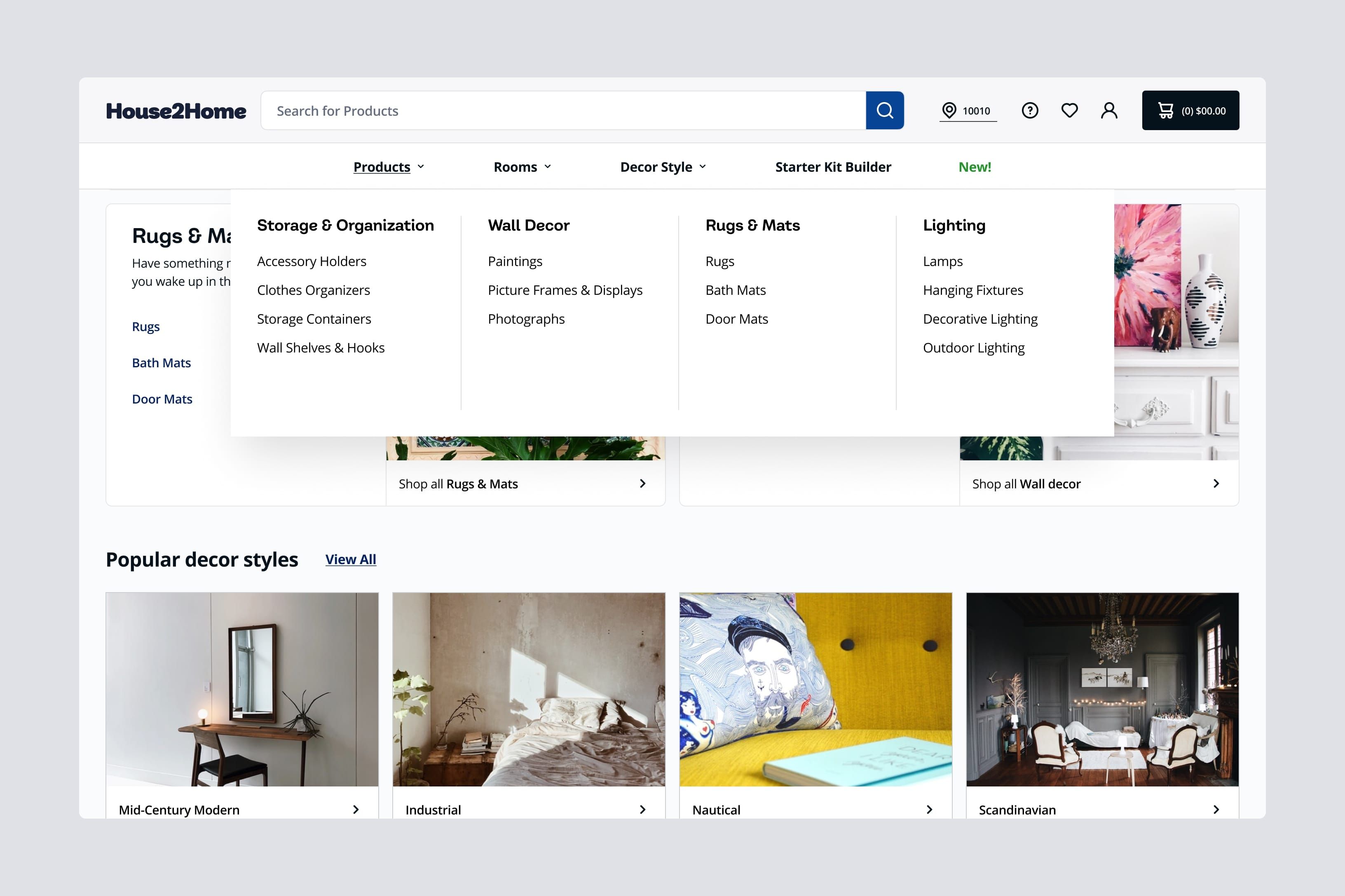 House2Home's Products menu open over the home page, listing storage, wall decor, rug and lighting categories above popular decor styles.