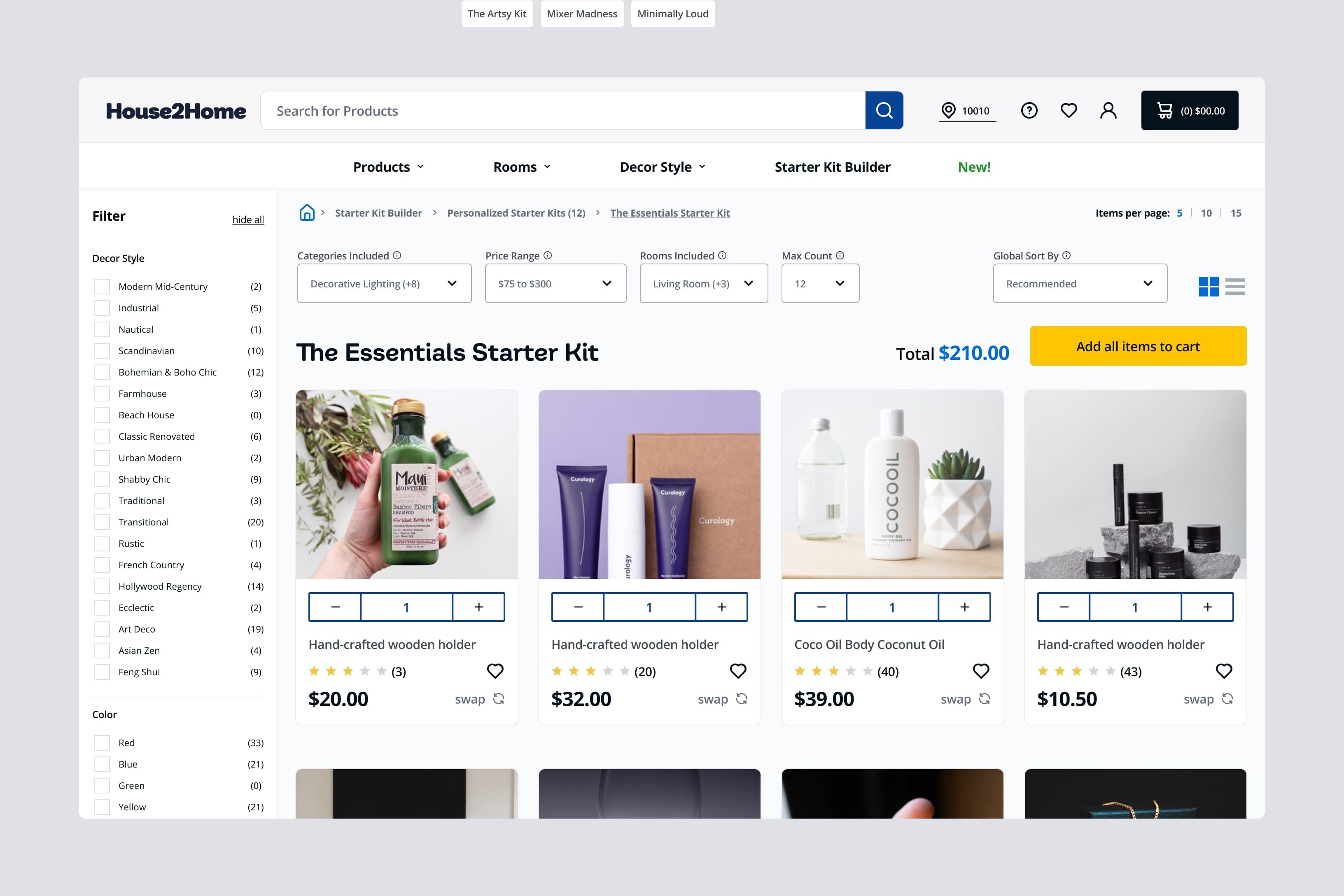 The Essentials Starter Kit: products in a grid with quantity controls, ratings, prices and a swap option, and a button to add every item to the cart.