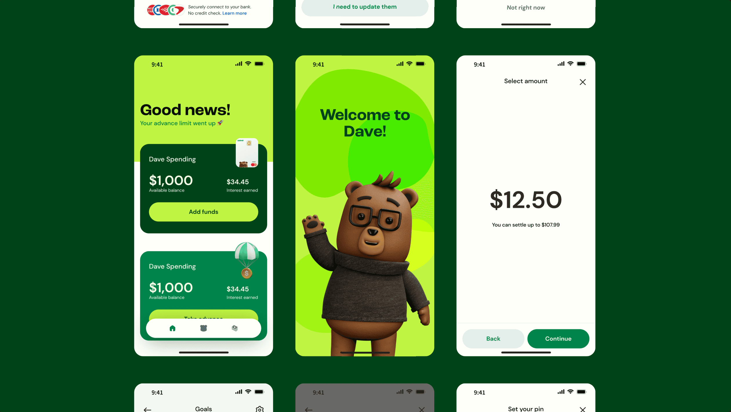 Screens from the Dave banking app: an advance limit update, a welcome screen with Dave the bear, and an amount picker.