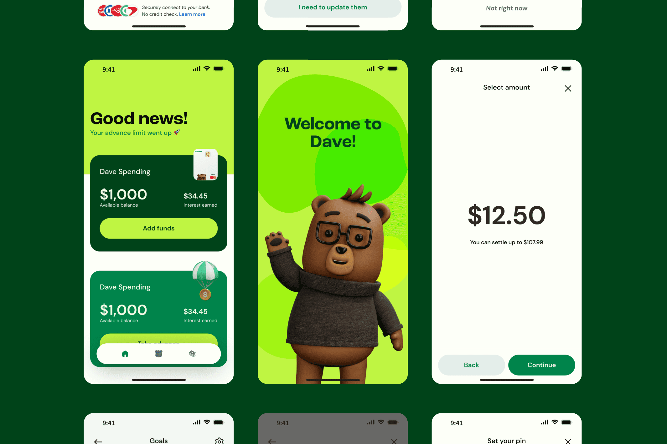 Screens from the Dave banking app: an advance limit update, a welcome screen with Dave the bear, and an amount picker.
