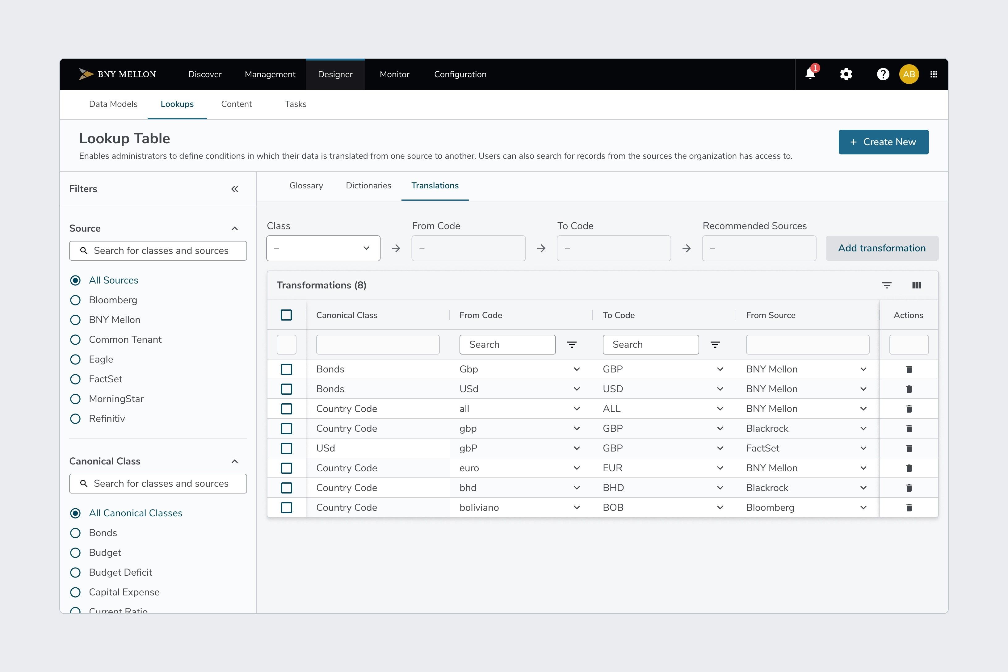 A lookup table that translates codes between data sources, such as currency and country codes from Bloomberg, FactSet and BNY Mellon, filtered by source and class.