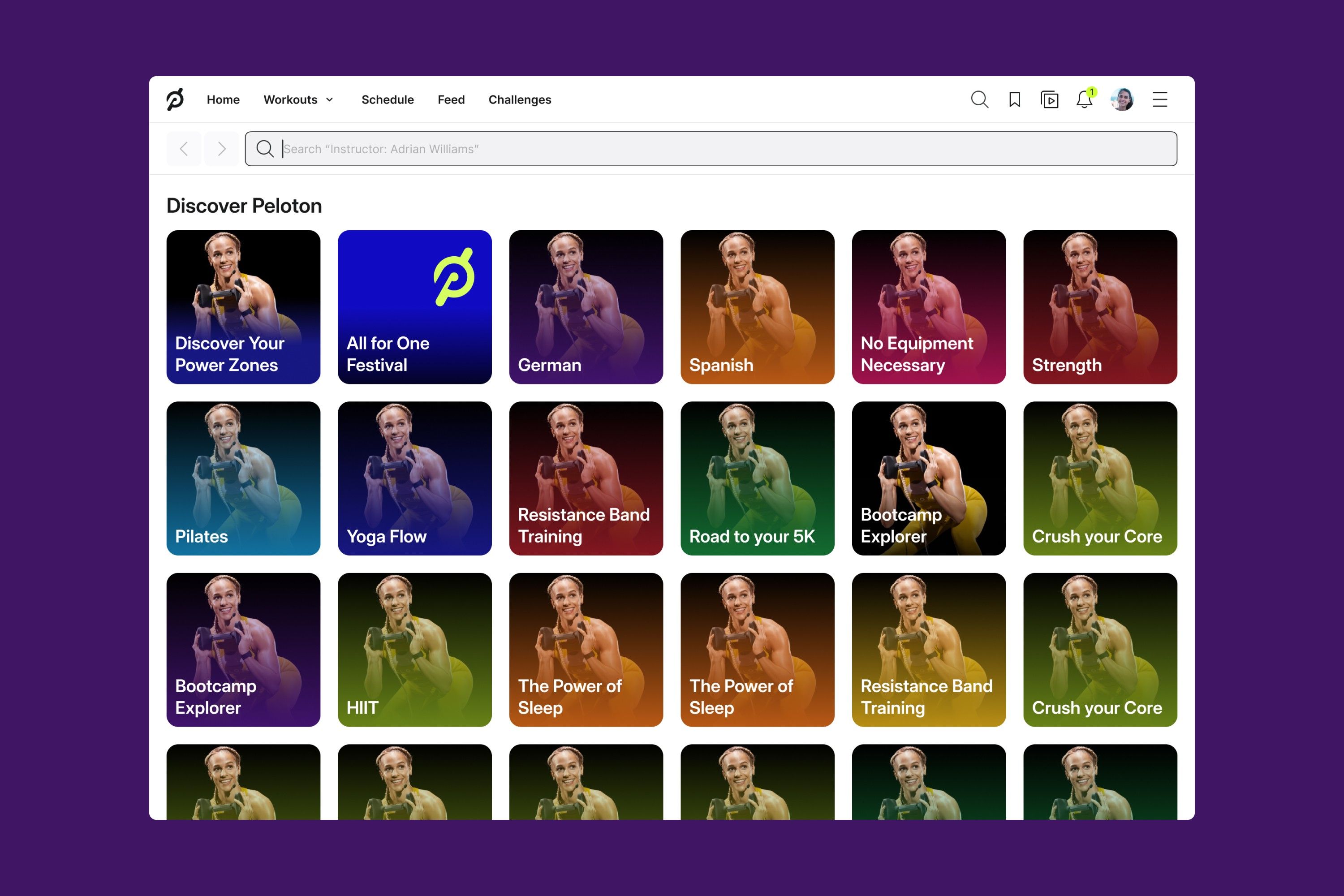 Peloton's Discover page: a grid of colour-tinted collection tiles, such as Power Zones, Pilates, HIIT and Road to your 5K, under a search bar.
