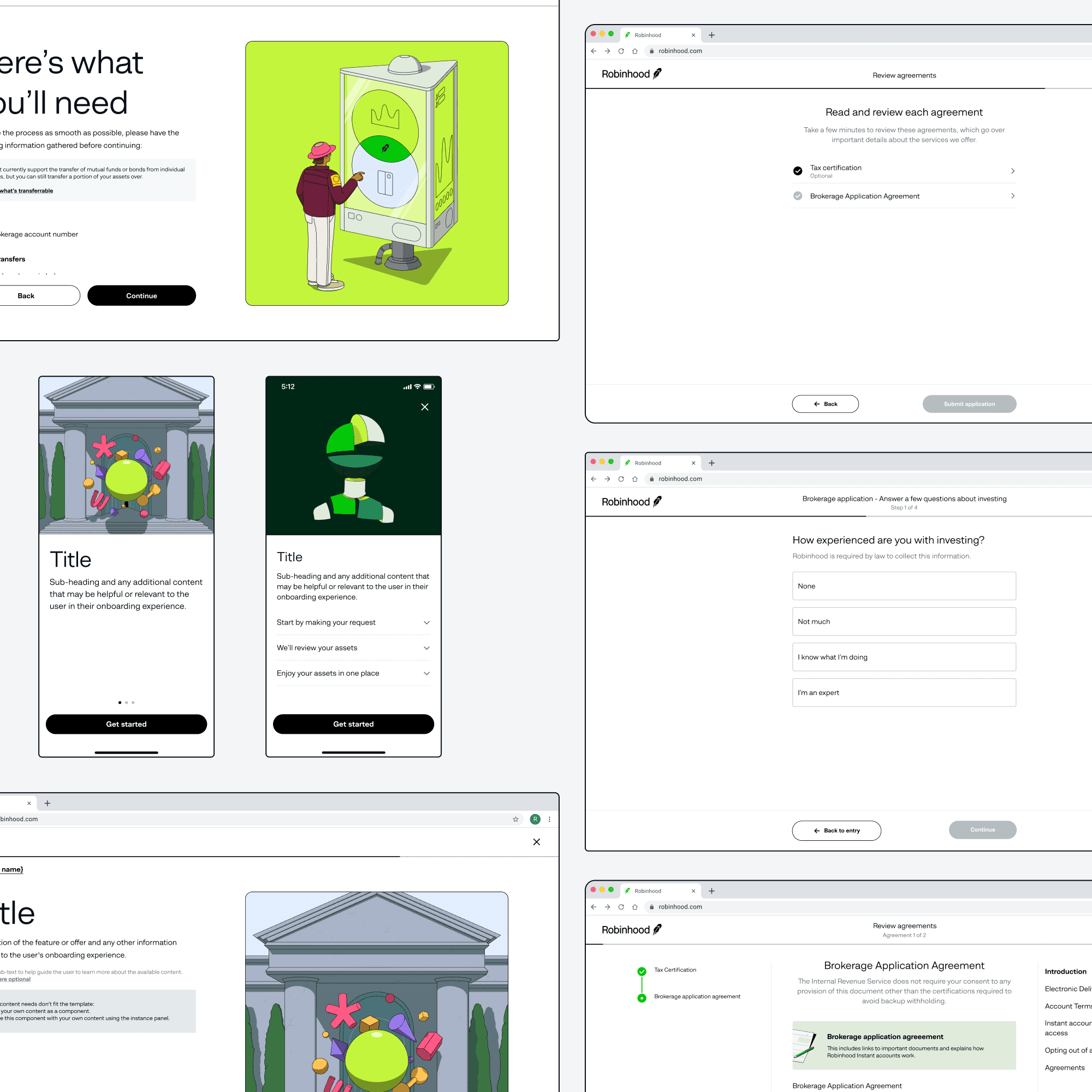A collage of standardized Robinhood templates: onboarding, checklist, agreement review and questionnaire screens on desktop and phone.