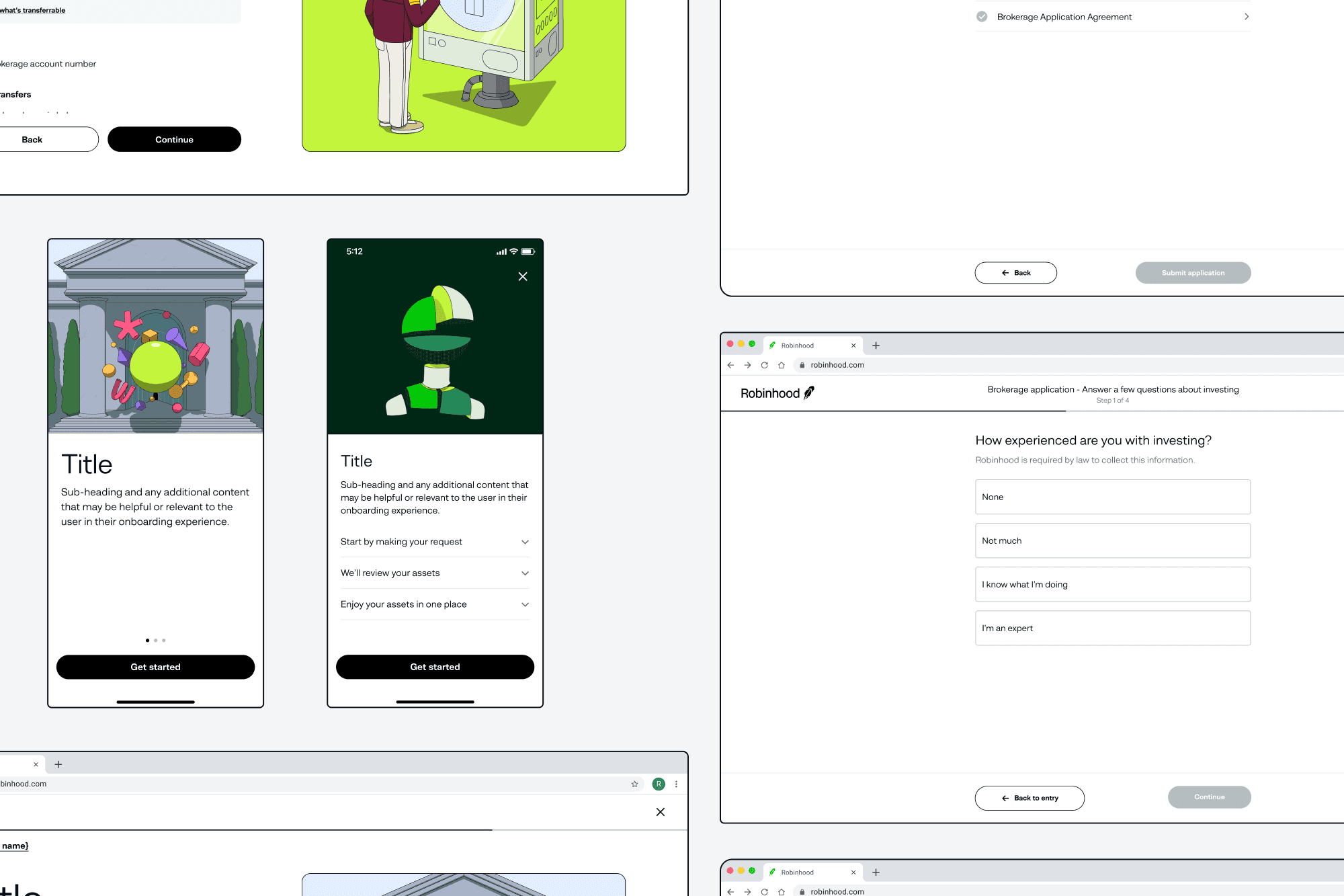 A collage of standardized Robinhood templates: onboarding, checklist, agreement review and questionnaire screens on desktop and phone.