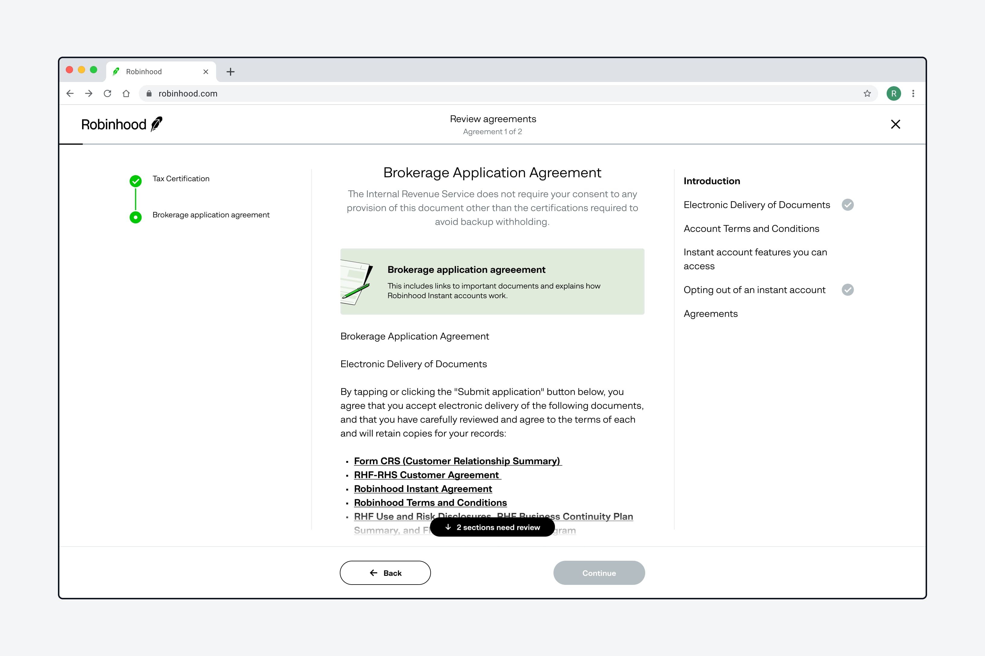 A Robinhood agreement review screen: a step list on the left, the Brokerage Application Agreement in the middle and a section index on the right.