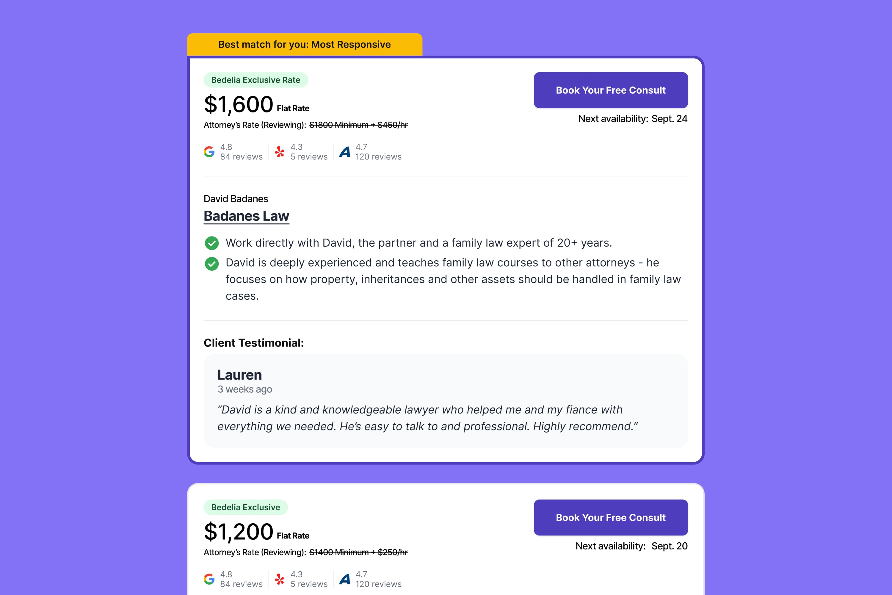 The redesigned recommendation card: a Best match for you label, a $1,600 flat rate against the attorney's usual rate, review scores, why the lawyer fits and a client testimonial.
