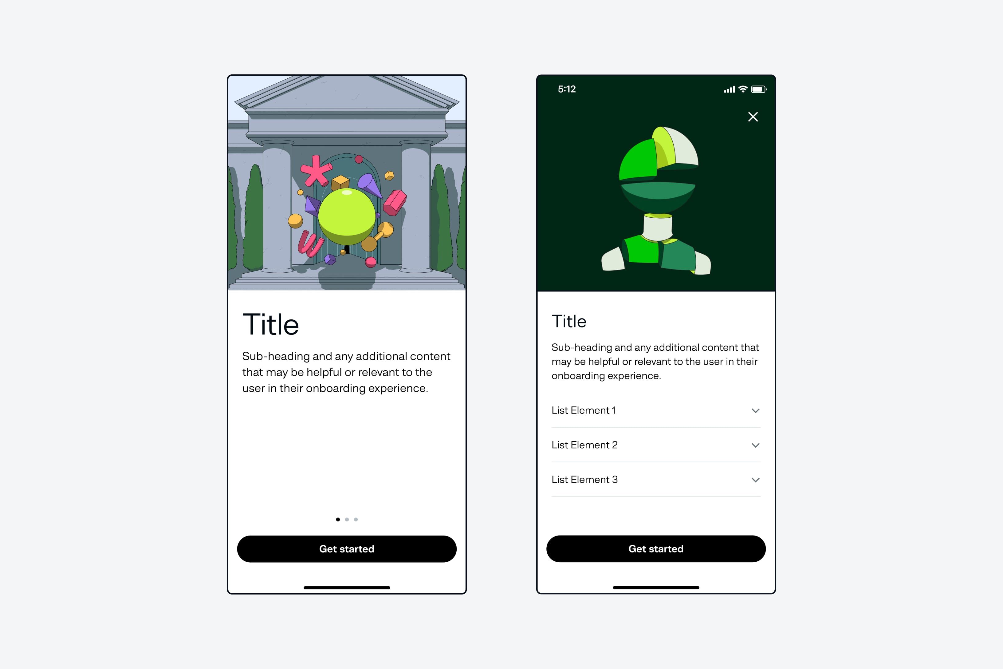 Two phone onboarding templates: an illustrated title screen with page dots and a Get started button, and a variant with an expandable list.