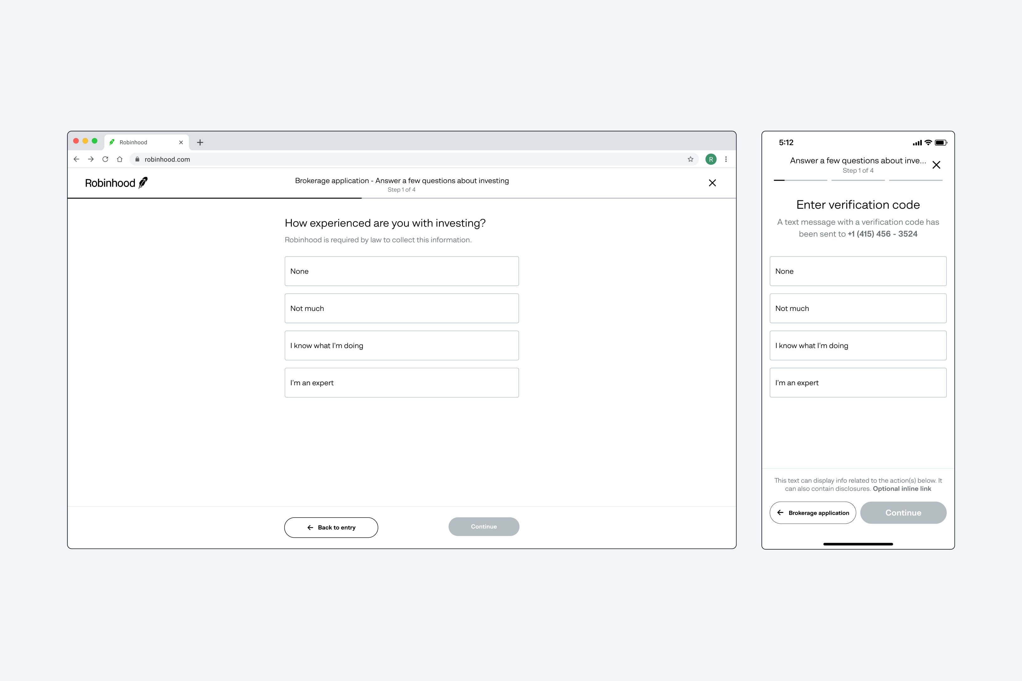 A brokerage application question, How experienced are you with investing?, laid out on desktop and on a phone with the same answer options.