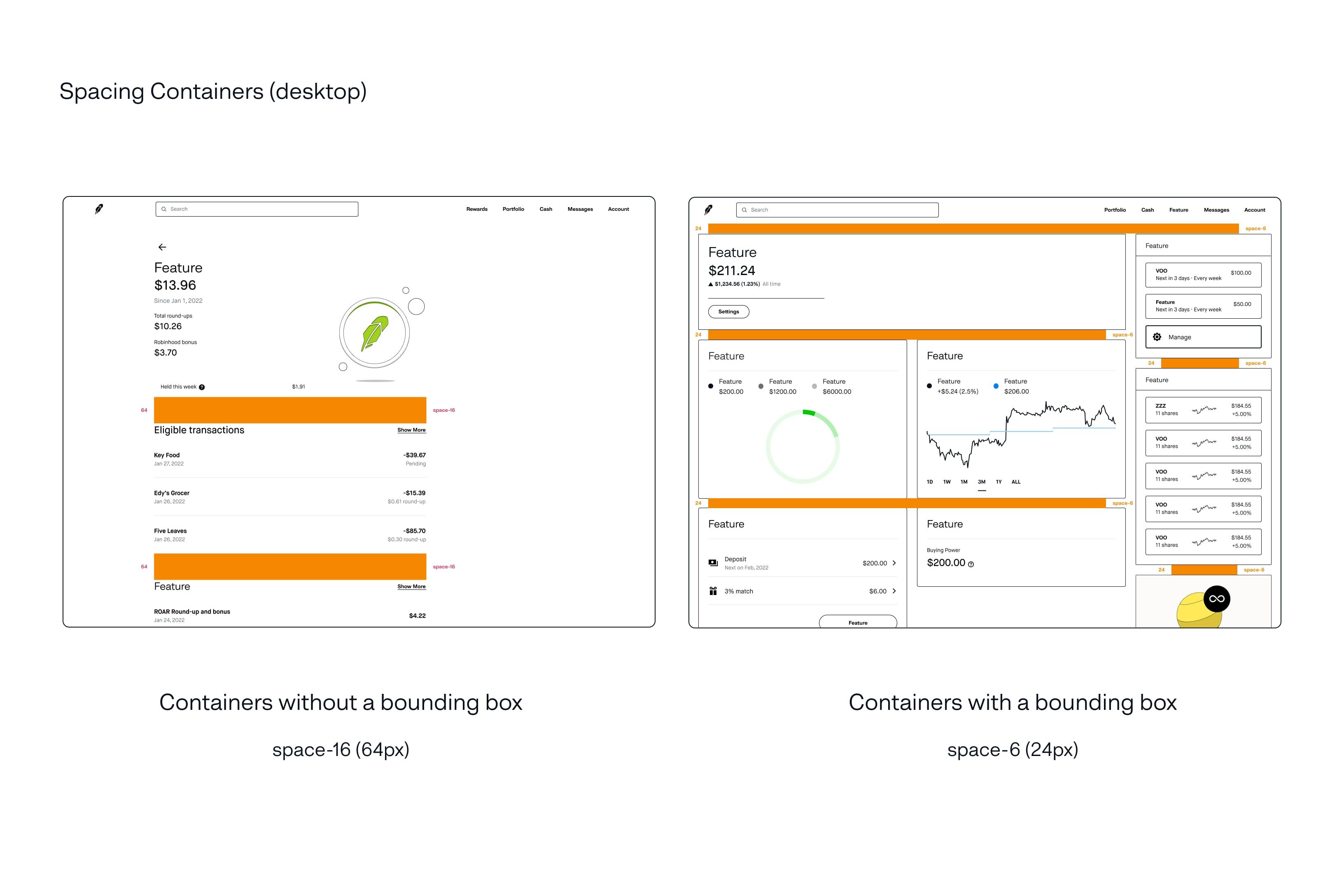 Spacing guidance for desktop containers: 64 pixels between containers without a bounding box and 24 pixels between containers with one, marked in orange.