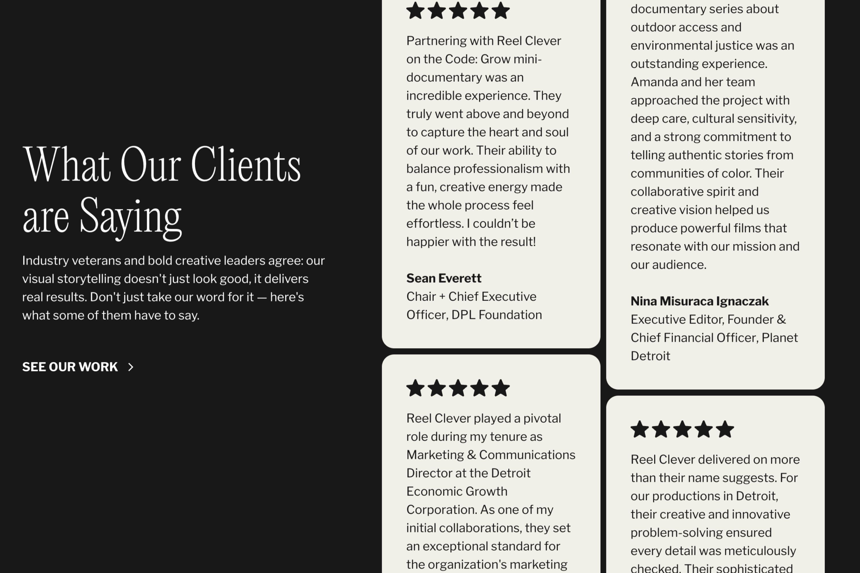 The testimonials section, What Our Clients are Saying: five-star quotes from clients such as the DPL Foundation and Planet Detroit, beside a See our work link.