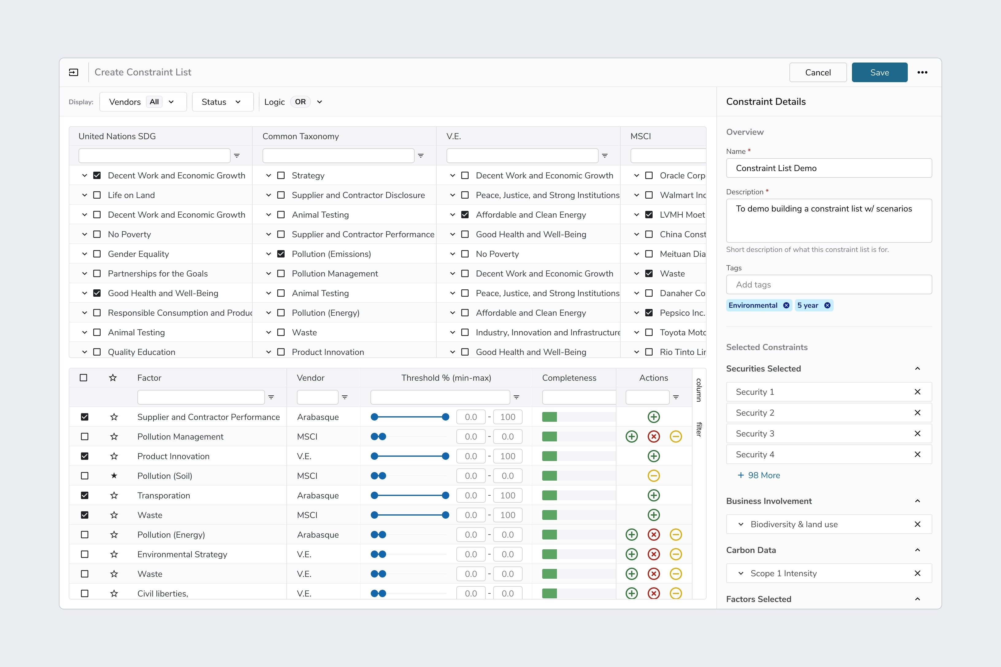 Building an ESG constraint list: taxonomy checklists from several data vendors above a table of factors with threshold sliders, and the list's details on the right.