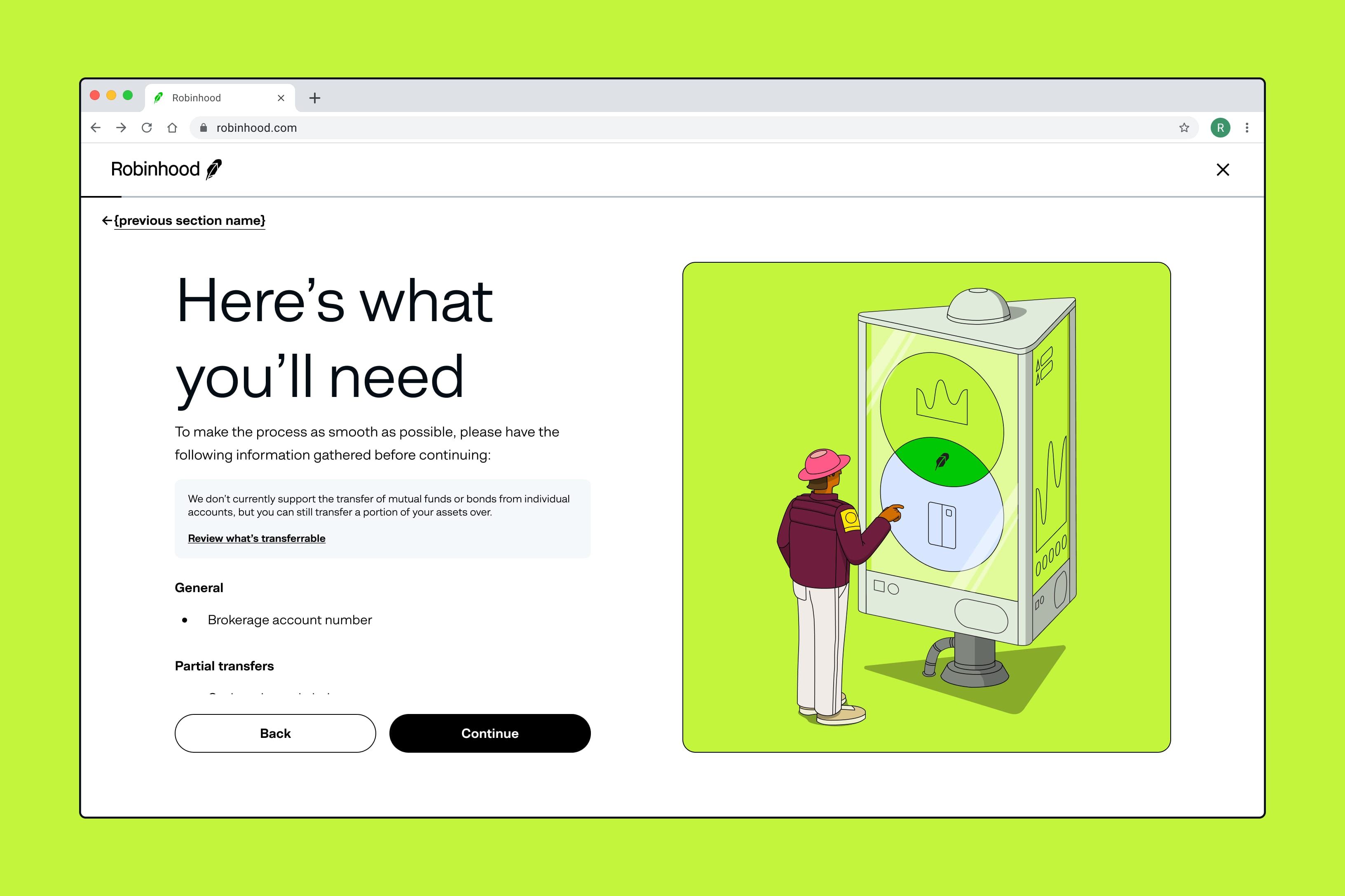 A Robinhood transfer screen built from the design system: a Here's what you'll need checklist beside an illustration of a person at a kiosk.