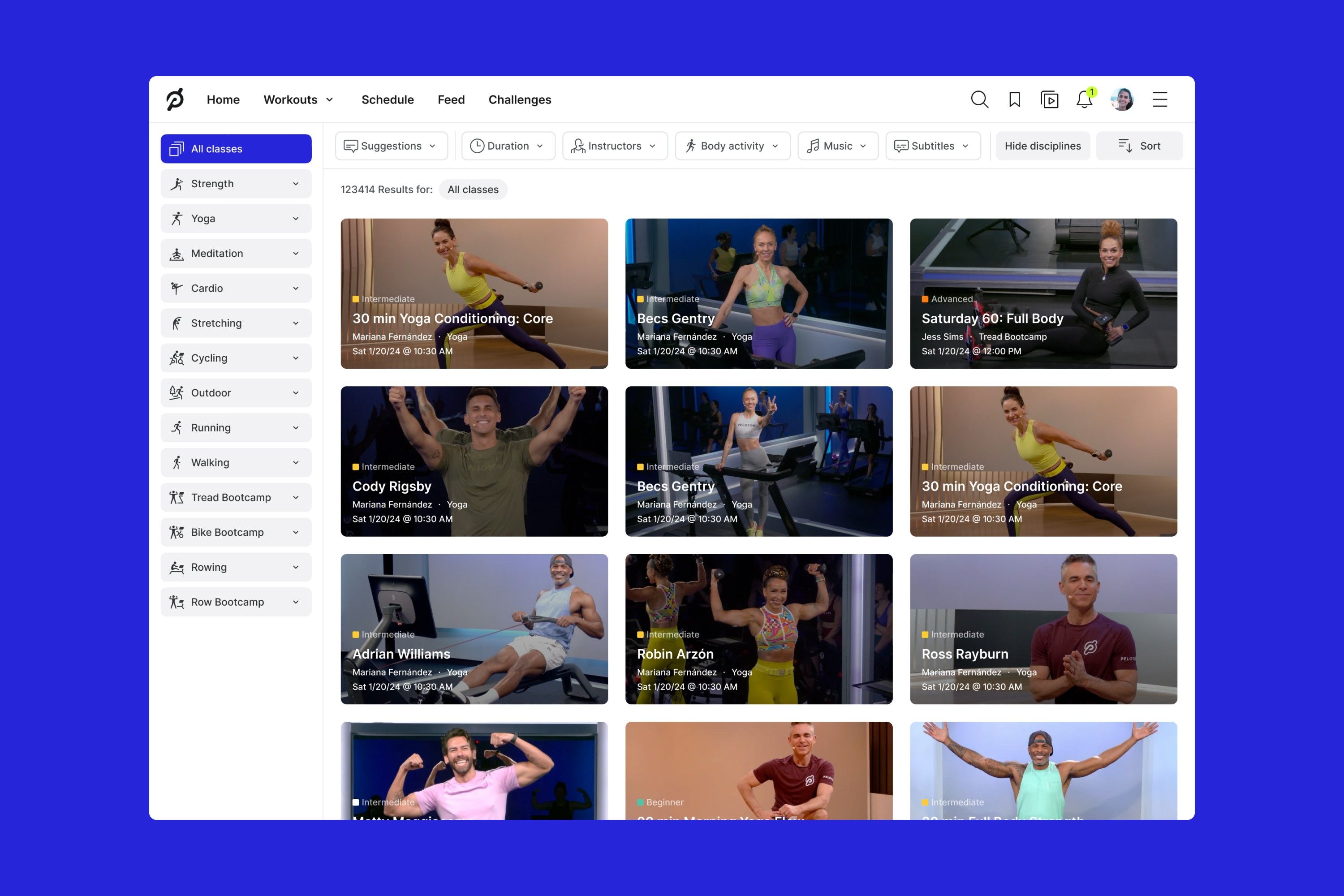 Peloton class search results: discipline filters on the left, filters for duration, instructor, music and subtitles, and a grid of class cards.