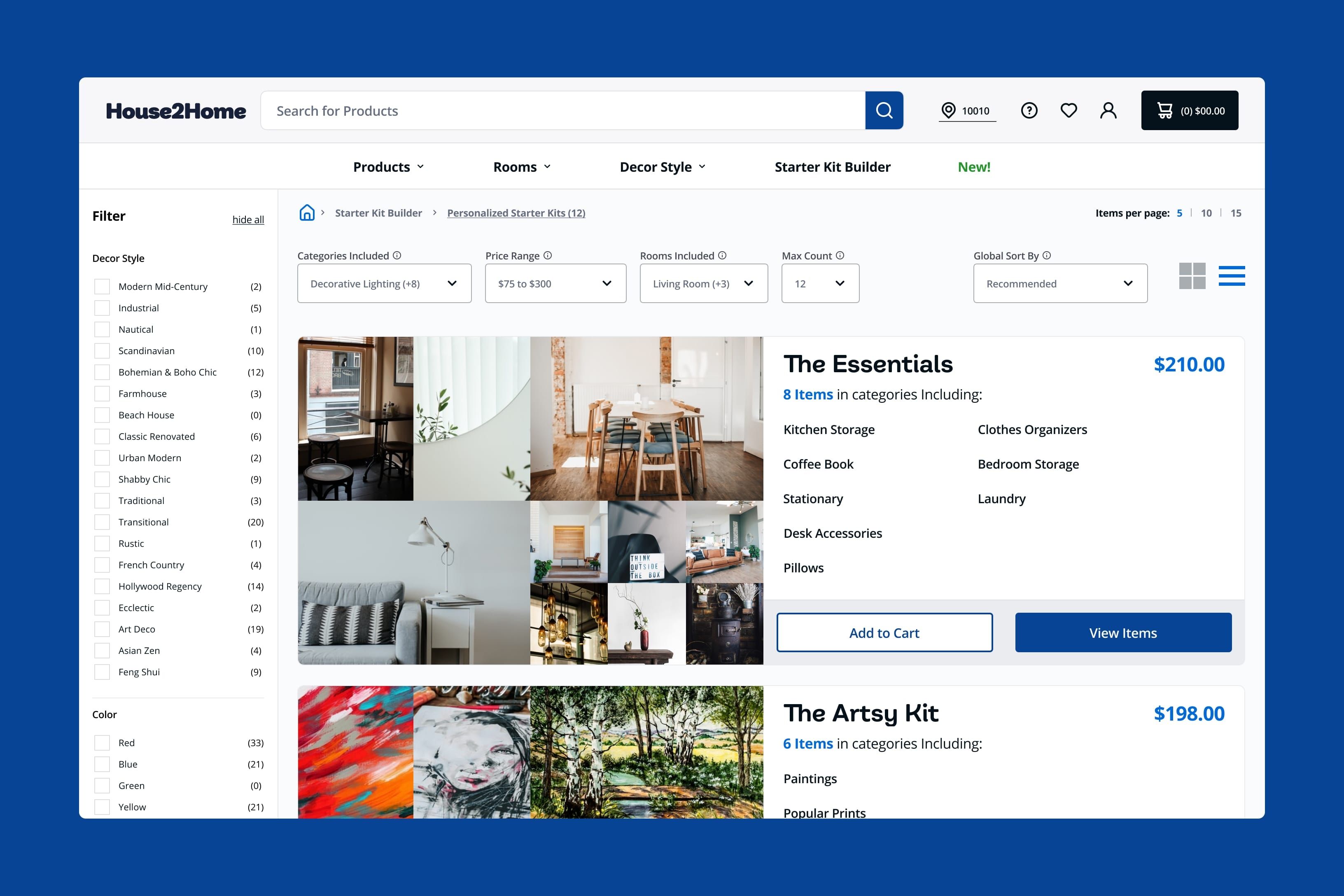 Personalized starter kits from the builder: filters by decor style and colour, and kits such as The Essentials at $210 with a collage of its items.
