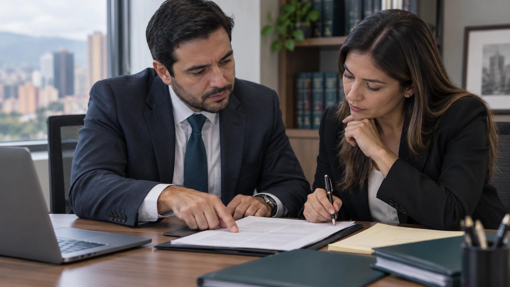 Profesionales revisando documentos en una mesa.