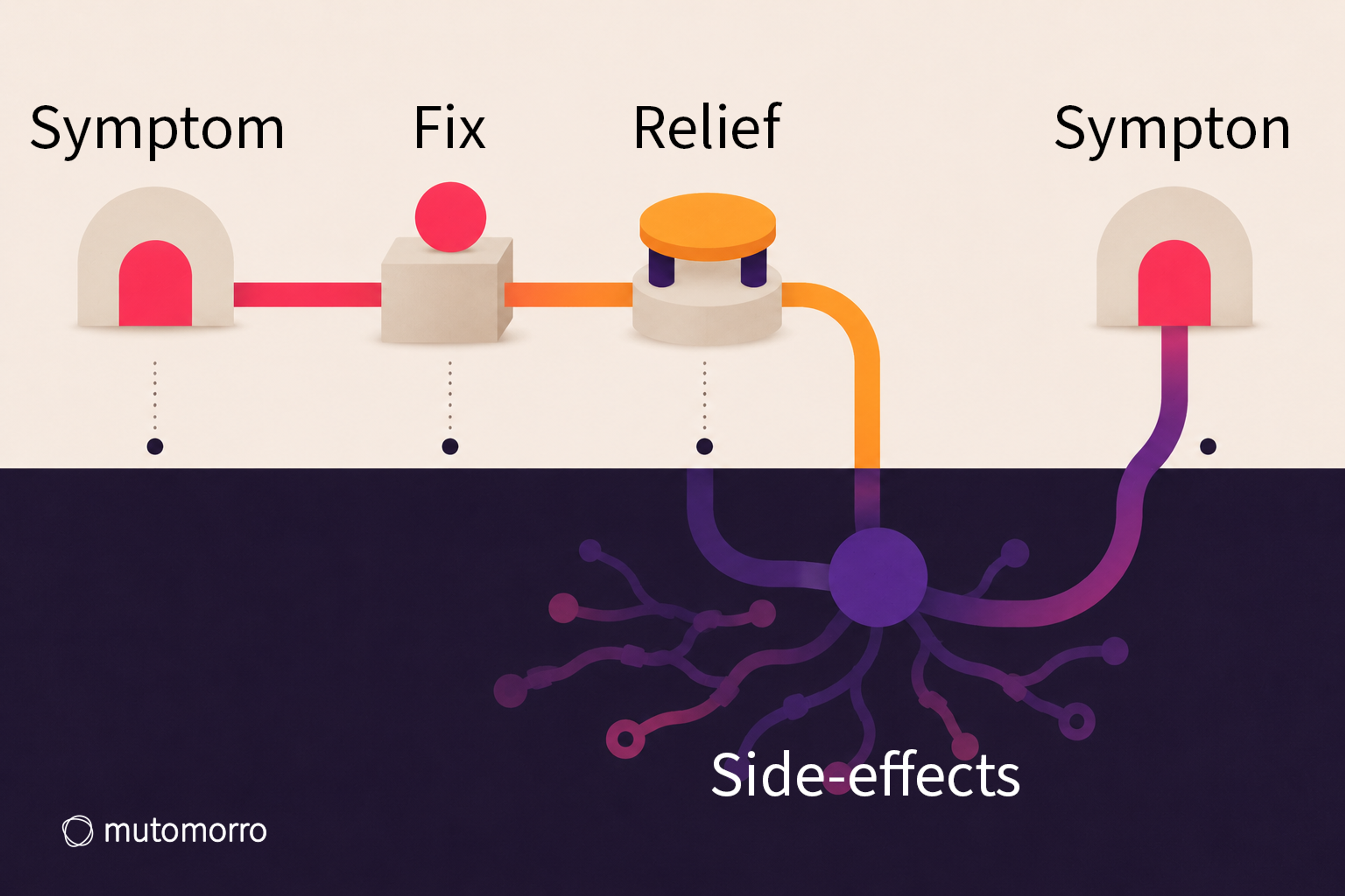 Diagram: a symptom leads to a fix and short-term relief above the surface, while side-effects spread through a hidden network below and feed the same symptom back.