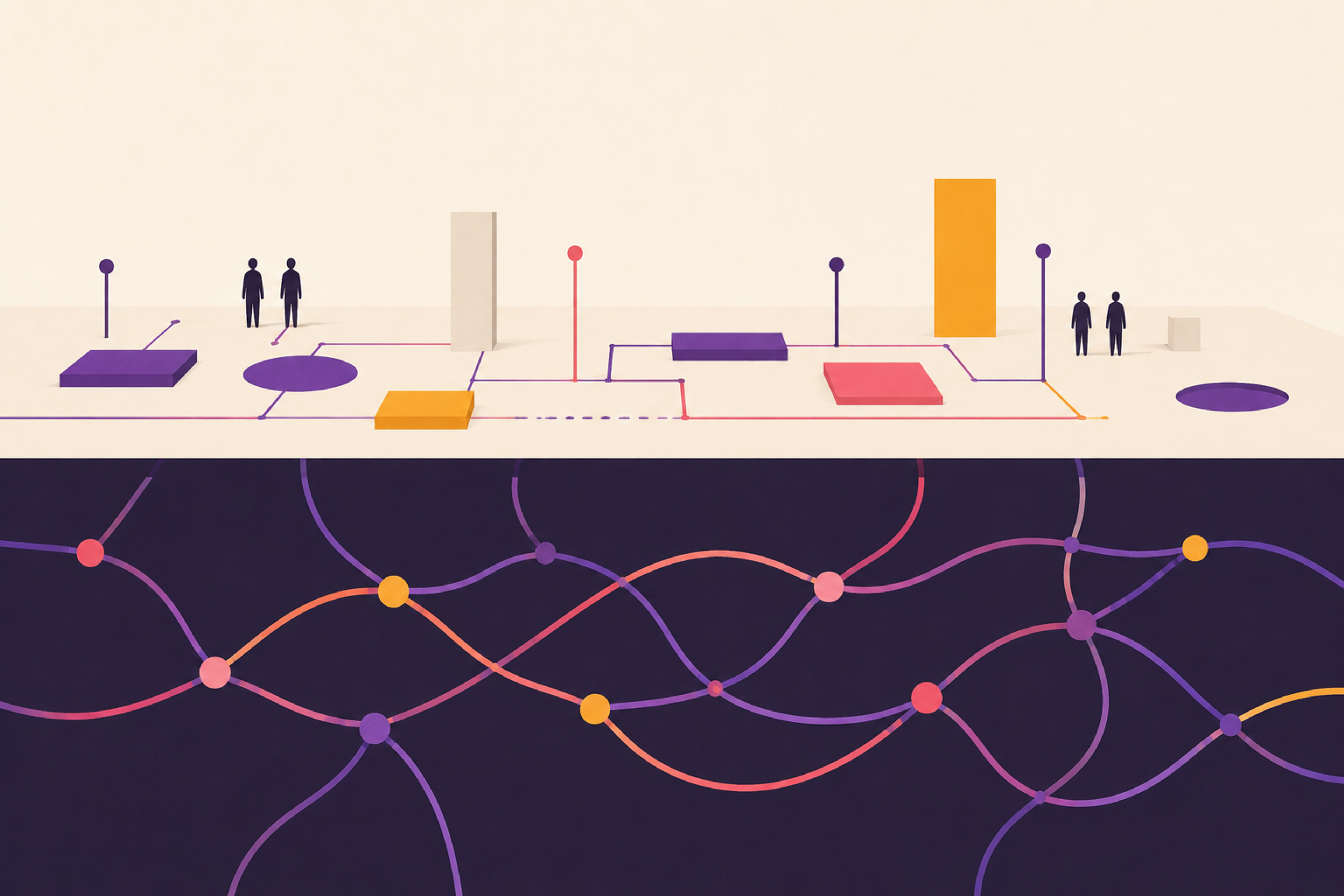 Abstract illustration of a clean geometric structure sitting on organic textured ground - the visible plan above the invisible conditions beneath