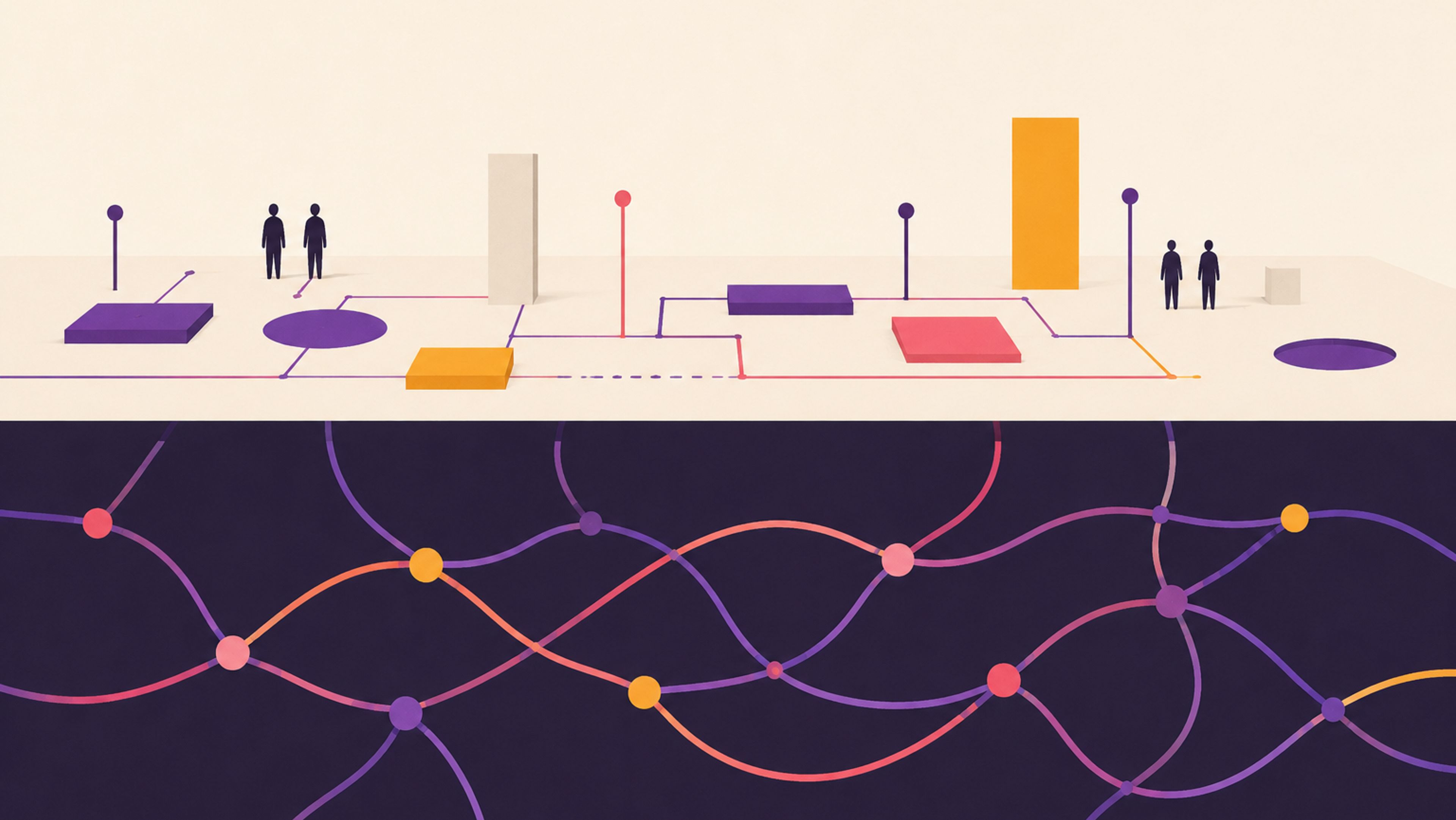 Abstract illustration of a clean geometric structure sitting on organic textured ground - the visible plan above the invisible conditions beneath