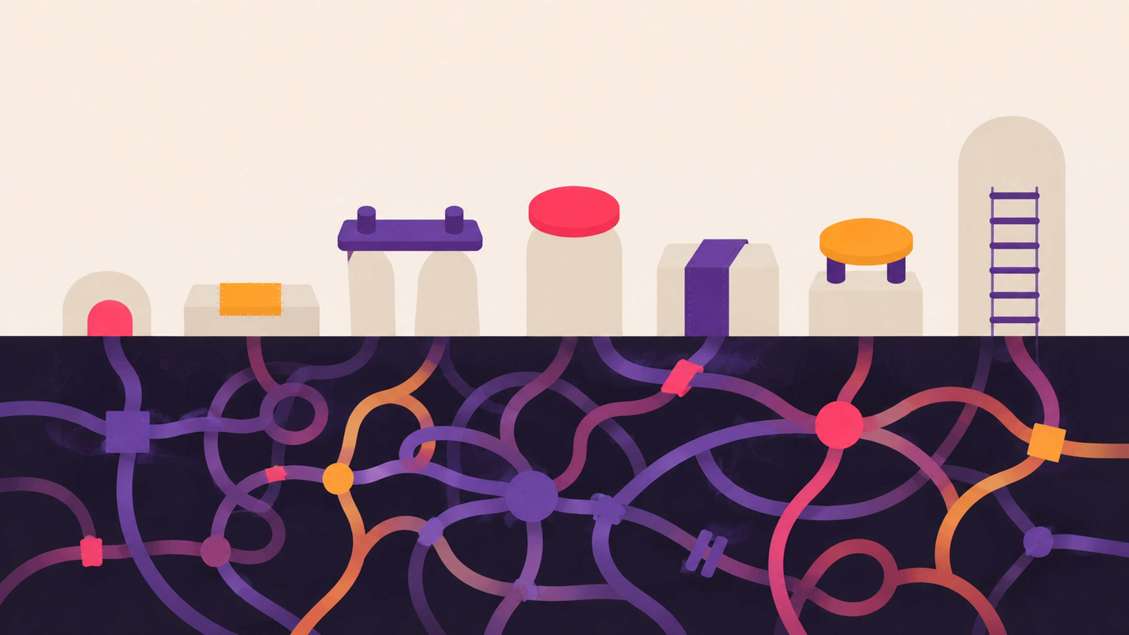 Everyday objects sit in a neat row above the surface while a dense, tangled web of coloured connections runs hidden beneath them.