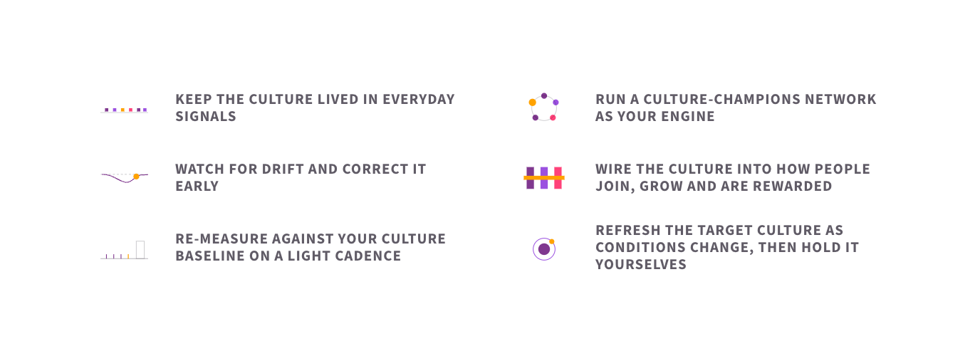 The six elements of keeping culture embedded: keeping the culture lived in everyday signals, running a culture-champions network, watching for drift and correcting it early, wiring the culture into how people join, grow and are rewarded, re-measuring against your culture baseline, and refreshing the target culture then holding it yourselves.