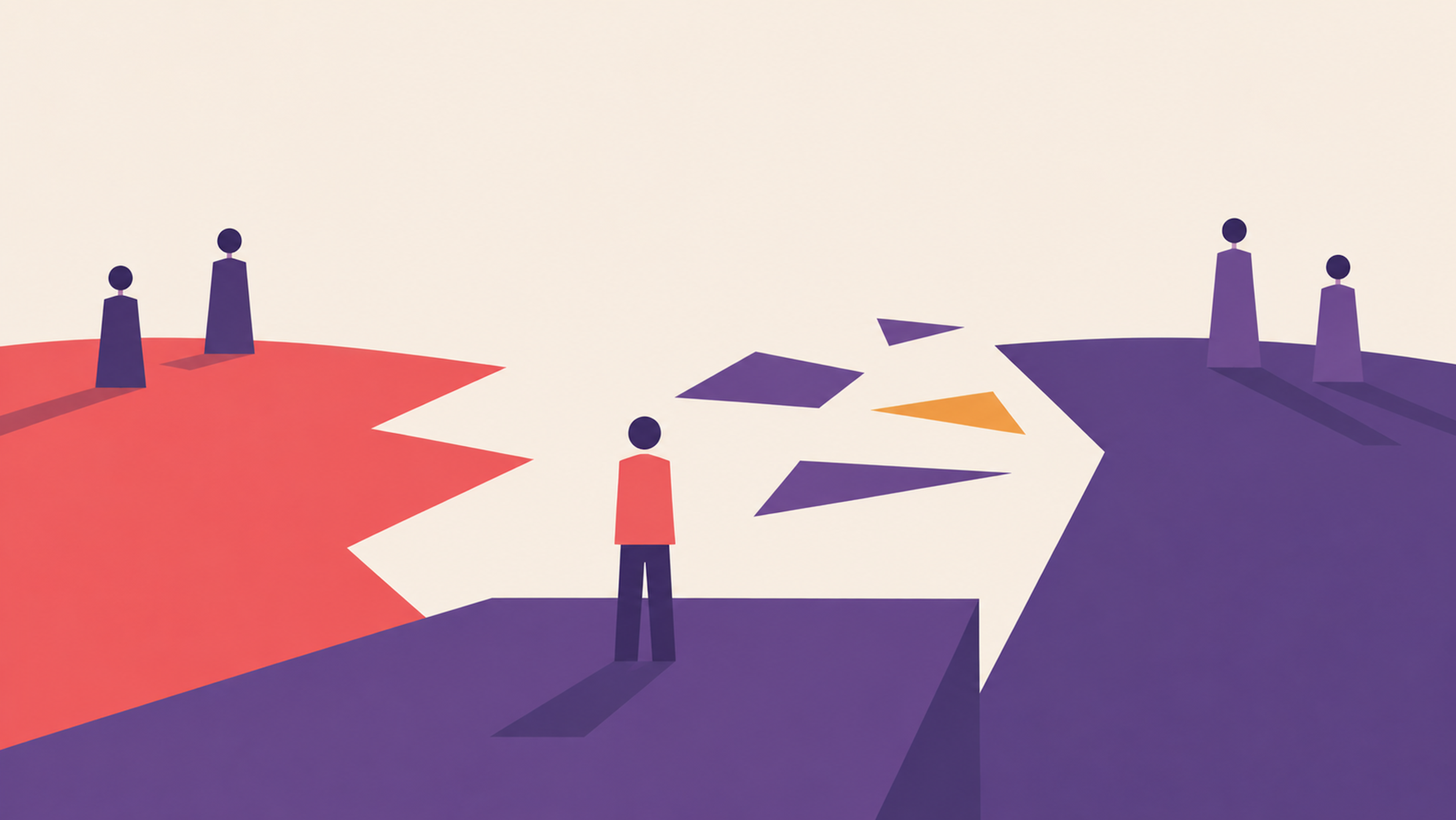 Abstract illustration of figures in motion across shifting ground, evoking the inner experience of people navigating organisational change