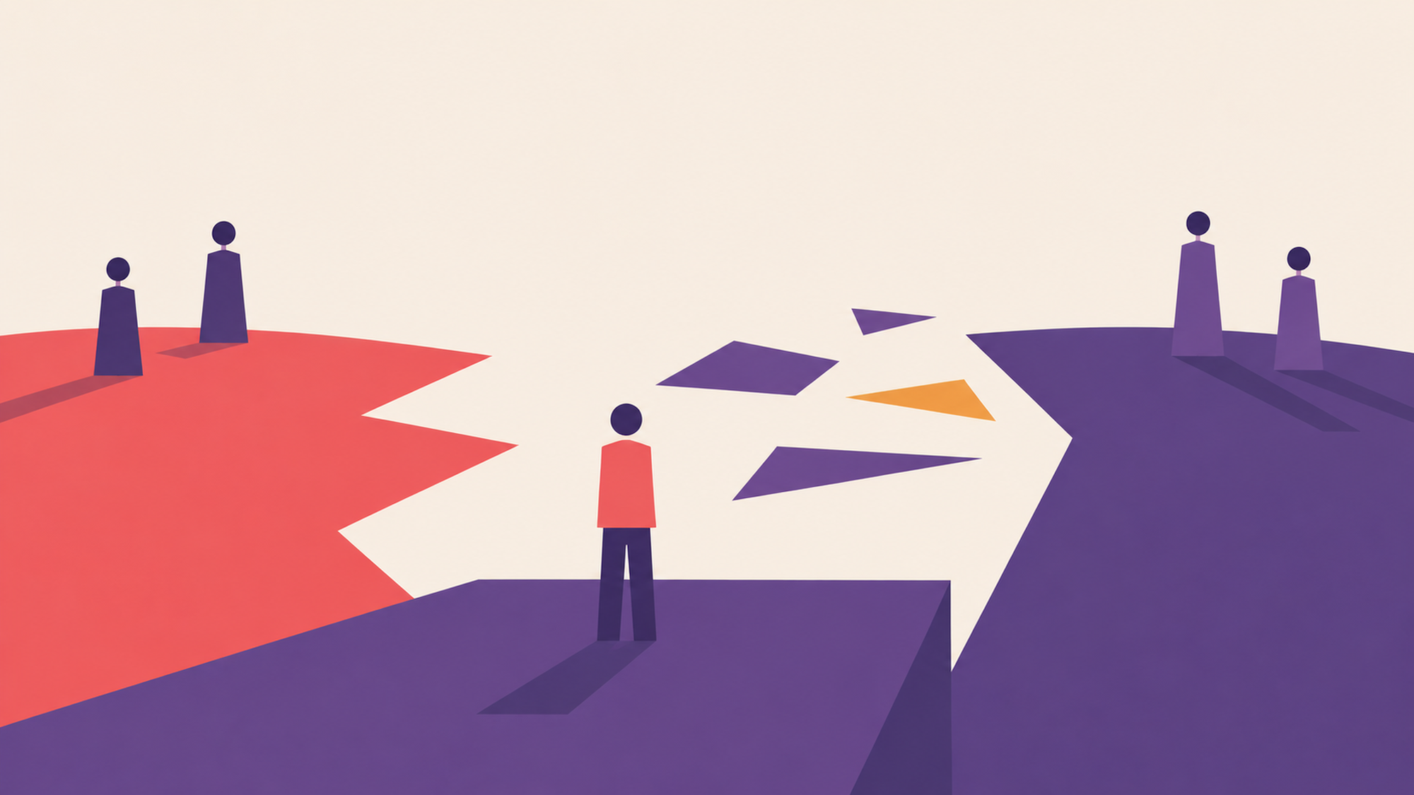 Abstract illustration of figures in motion across shifting ground, evoking the inner experience of people navigating organisational change