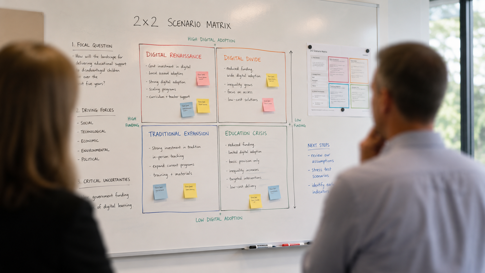 A group of colleagues at a scenario planning workshop. A 2x2 scenario-planning matrix is drawn on a large whiteboard in marker, with a handful of post-it notes placed in the quadrants.