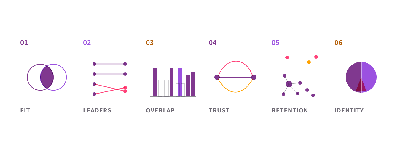 The six angles of an integration readiness assessment: cultural fit, leadership alignment, operating-model overlap, communication and trust, people and retention risk, and identity and belonging.
