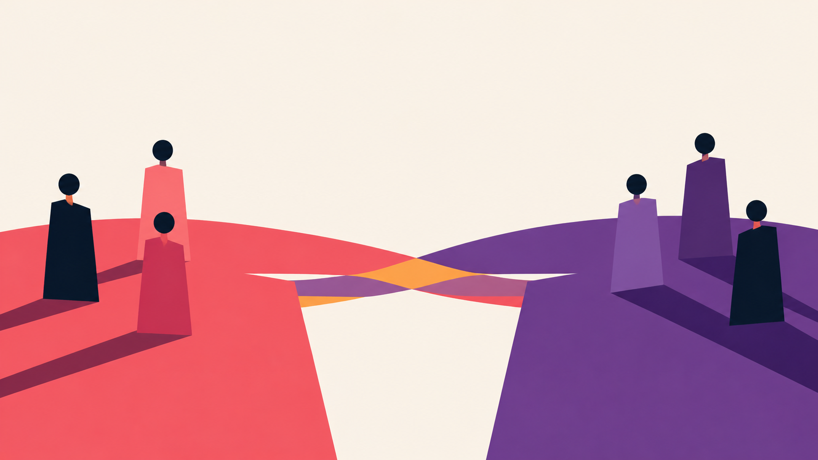 Two groups of stylised figures beginning to form connections across a shared space
