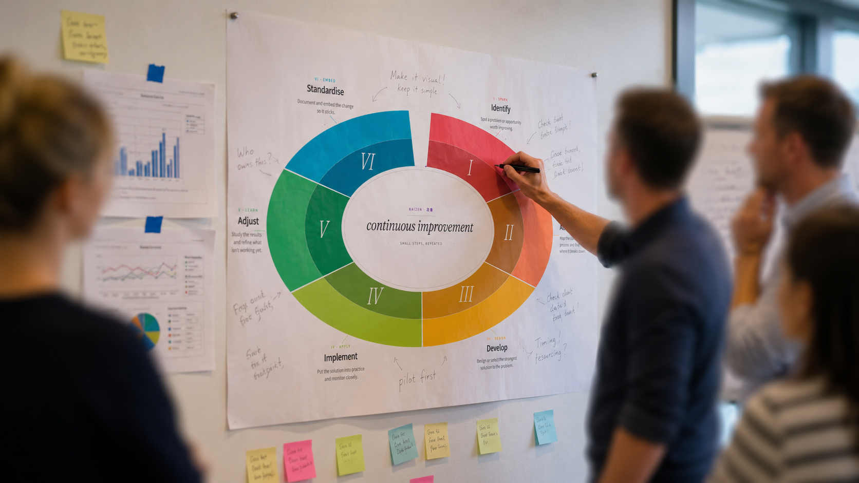 A group of colleague in a continuous improvement training course, making notes on a Kaizen Cycle print-out stuck on the wall
