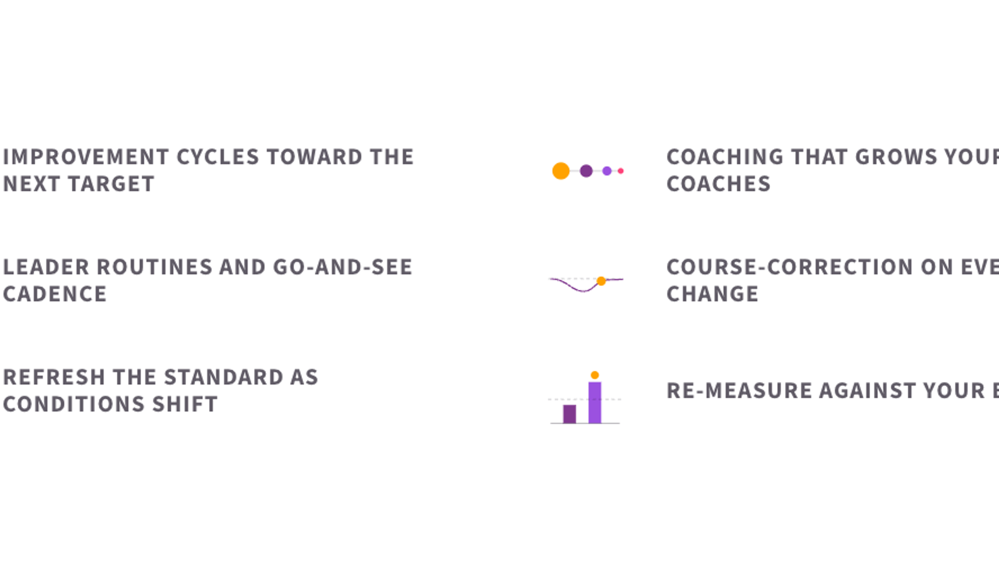 The six elements of continuous improvement: improvement cycles toward the next target, coaching that grows your own coaches, leader routines and go-and-see cadence, course-correction on every change, refreshing the standard as conditions shift, and re-measuring against your baseline.