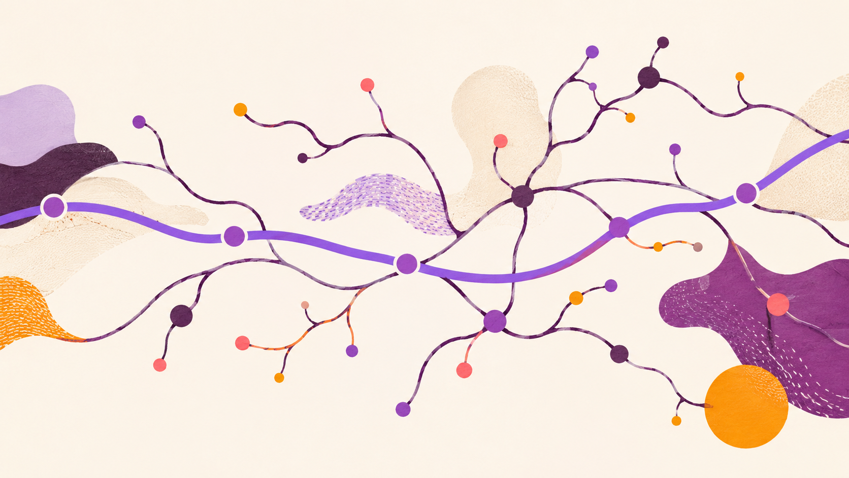 Abstract illustration of two narrative threads on a light background - one structured and linear, one organic and branching, coexisting