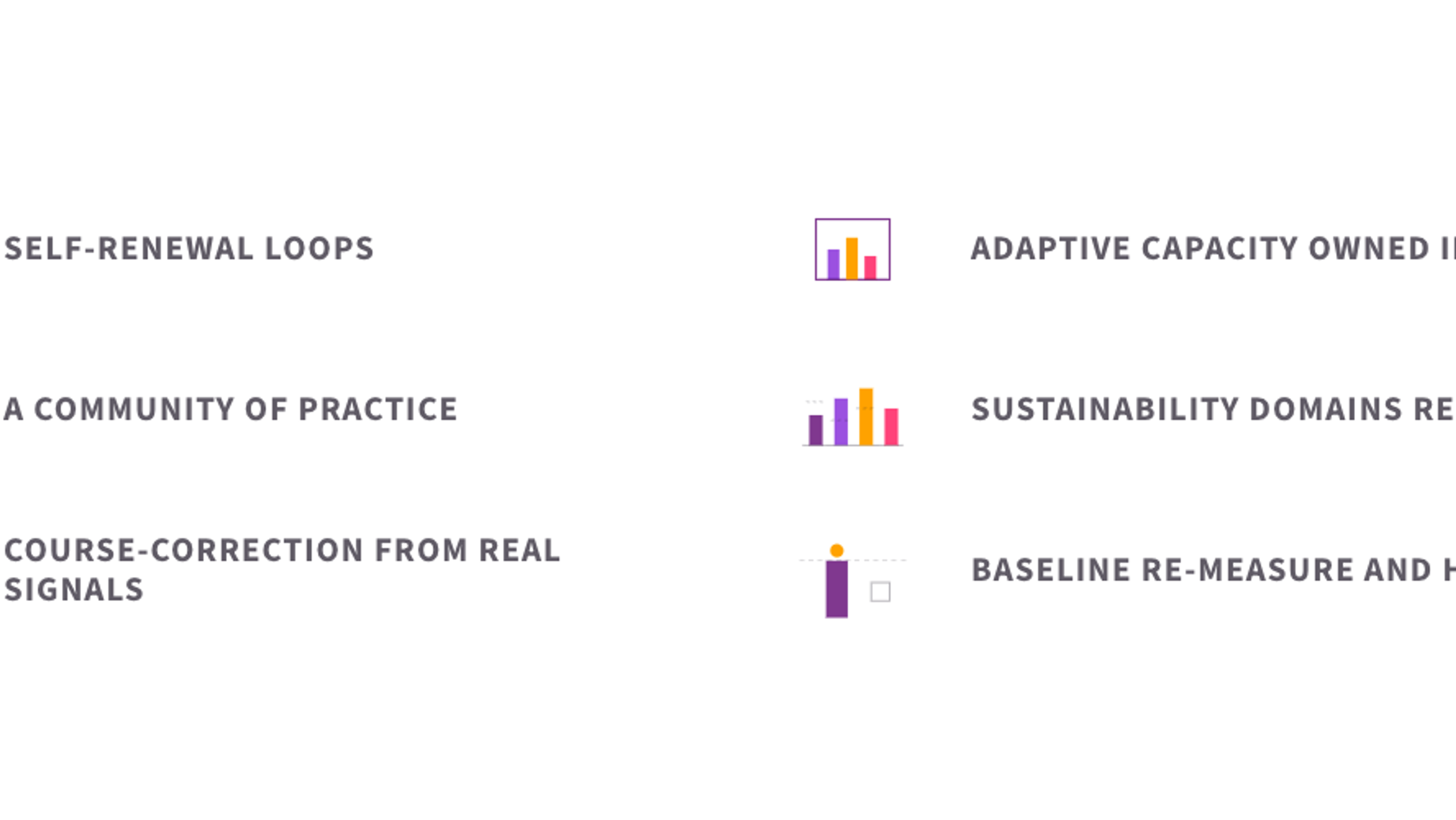 The six elements of sustaining your capacity: self-renewal loops, adaptive capacity owned in-house, a community of practice, sustainability domains re-scored, course-correction from real signals, and baseline re-measure and handover.