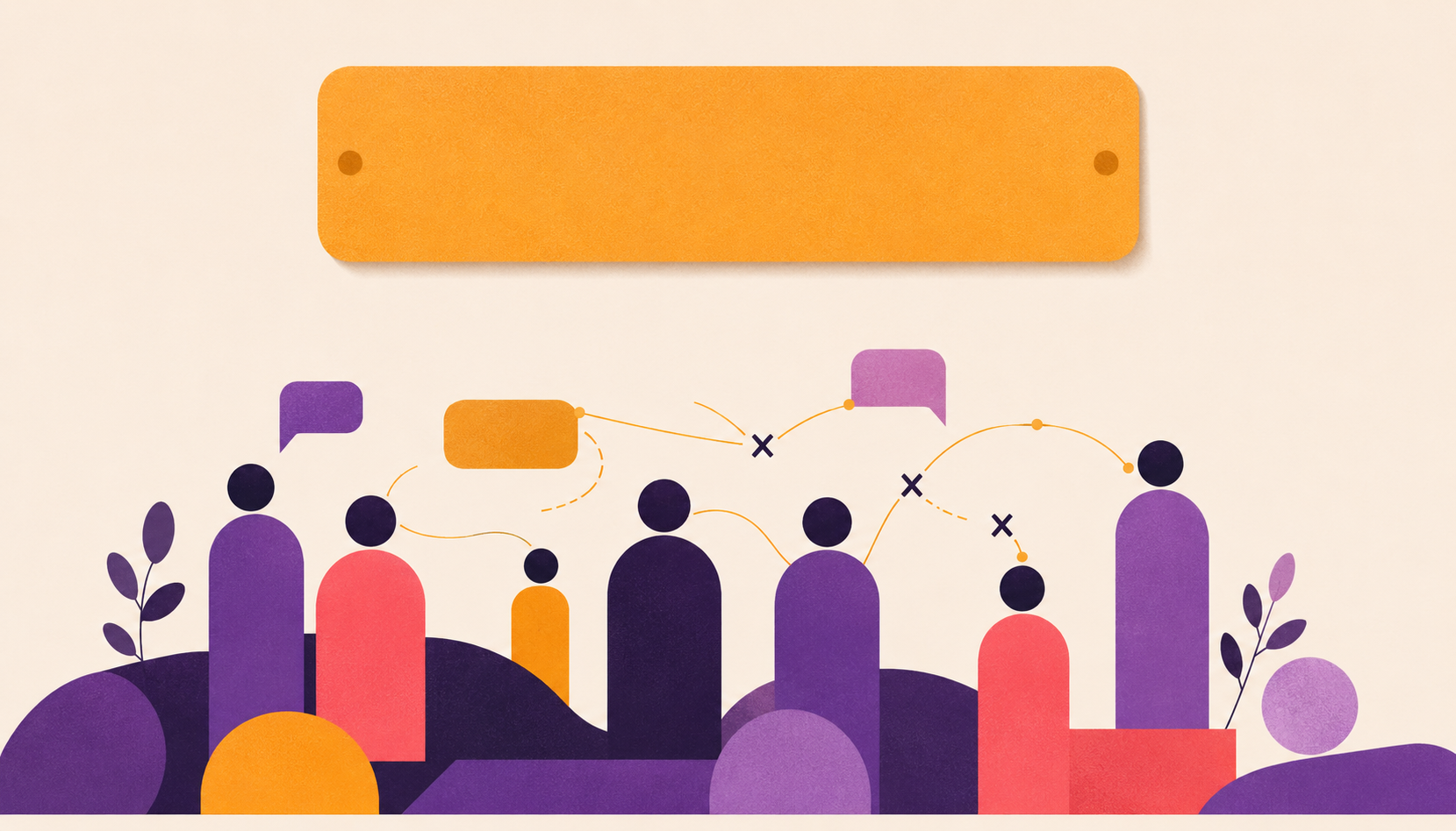 A blank orange sign is pinned high on a wall above a crowd of stylised figures whose speech bubbles connect through a tangle of crossed and broken lines.
