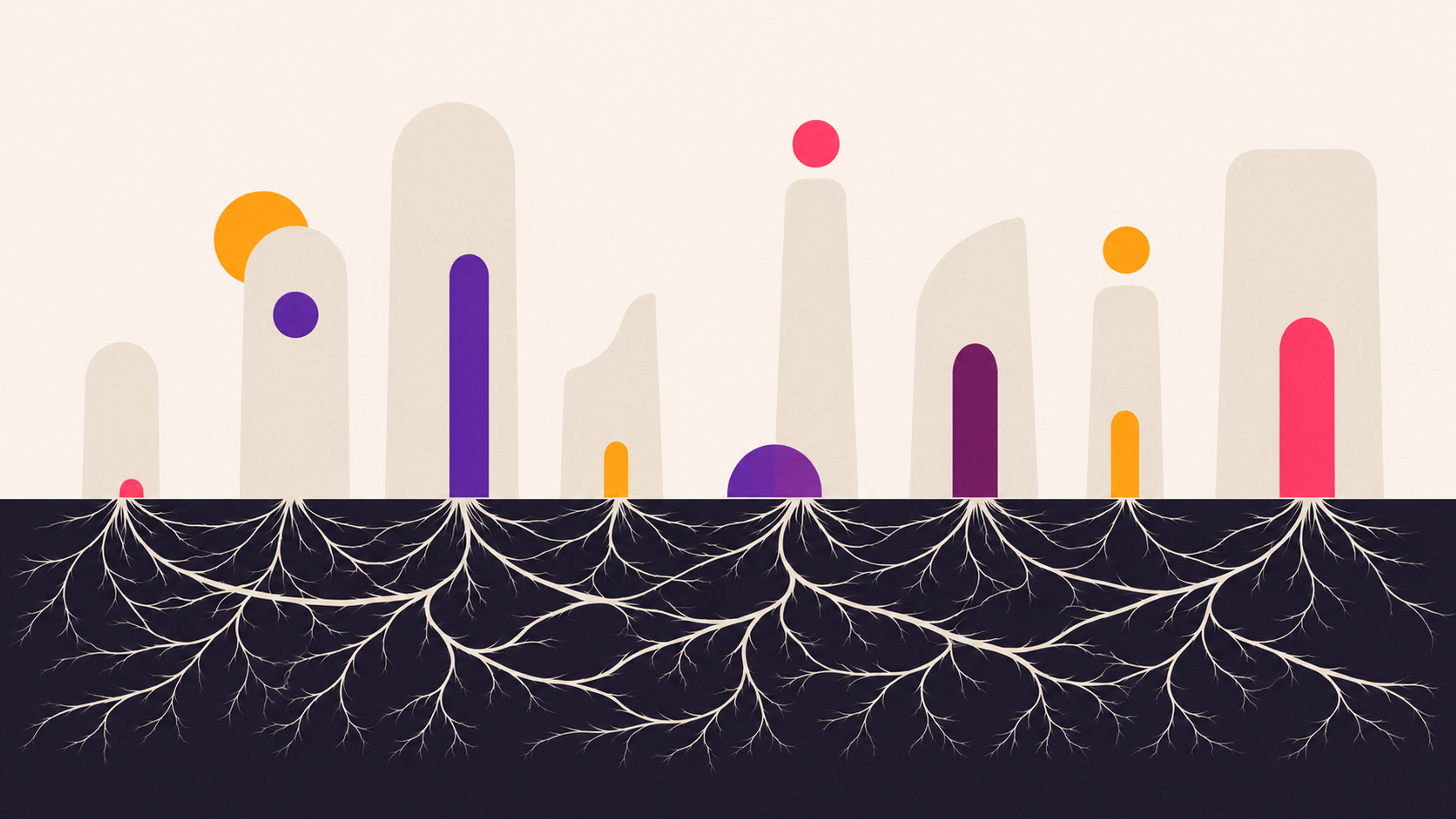 Abstract flat illustration of separate vertical structures above ground connected by an intricate root network below the surface, representing how organisational silos share hidden connections