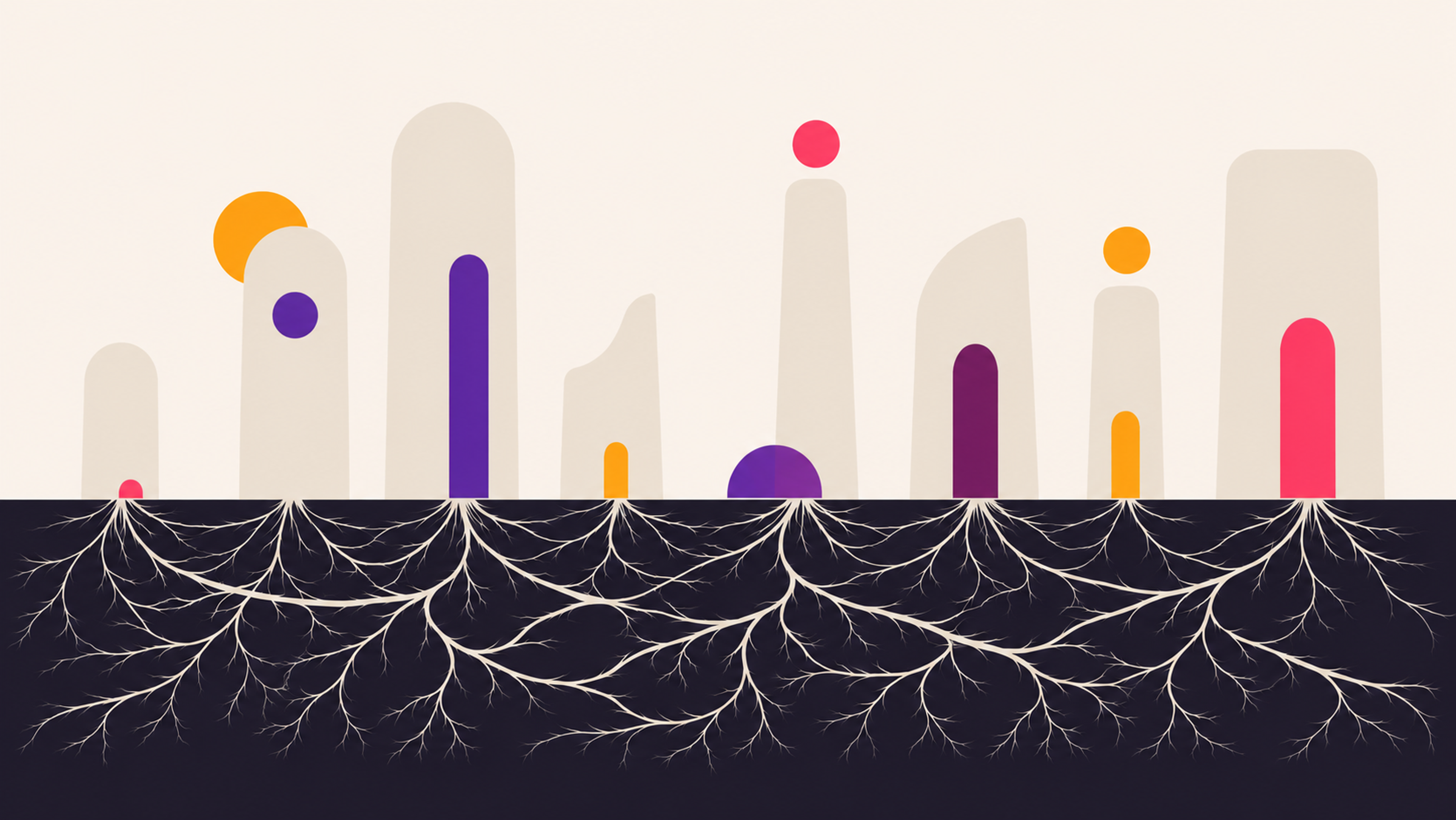 Abstract flat illustration of separate vertical structures above ground connected by an intricate root network below the surface, representing how organisational silos share hidden connections