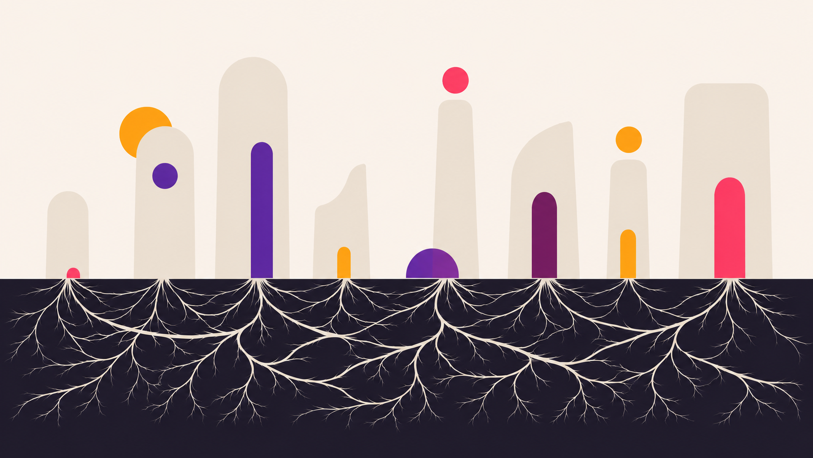 Abstract flat illustration of separate vertical structures above ground connected by an intricate root network below the surface, representing how organisational silos share hidden connections